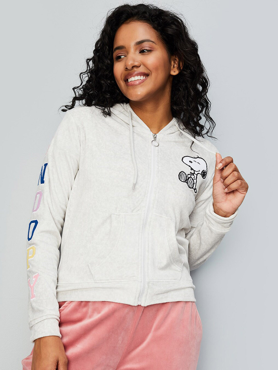 

max Snoopy Printed Hooded Open Front Jacket, Grey