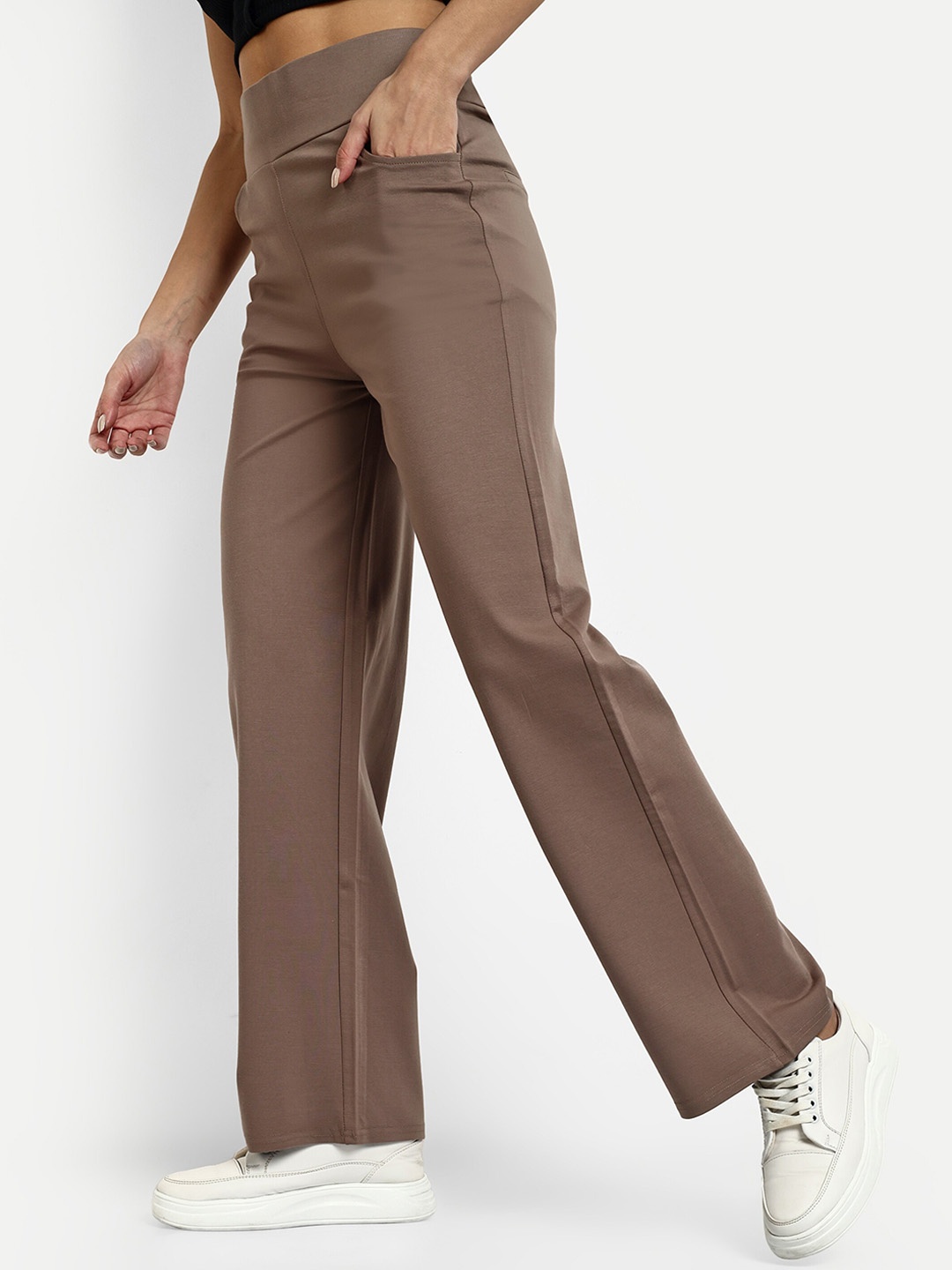 

Next One Women Smart Straight Fit High-Rise Easy Wash Parallel Trousers, Brown
