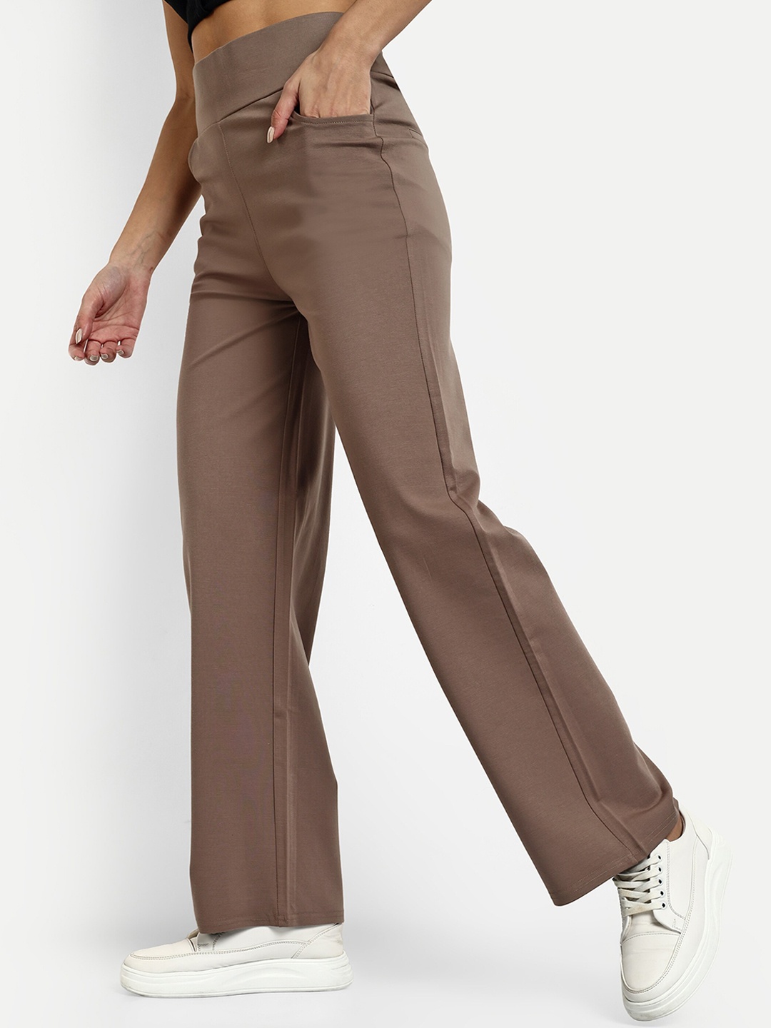 

Next One Women Smart Straight Fit High-Rise Easy Wash Parallel Trousers, Brown