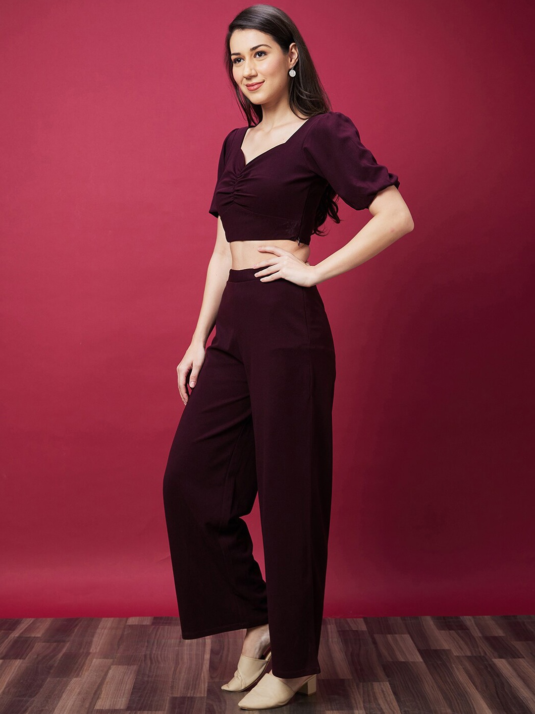 

Globus Women Wine Solid Co-Ord Set With Crop Top & Trouser, Burgundy