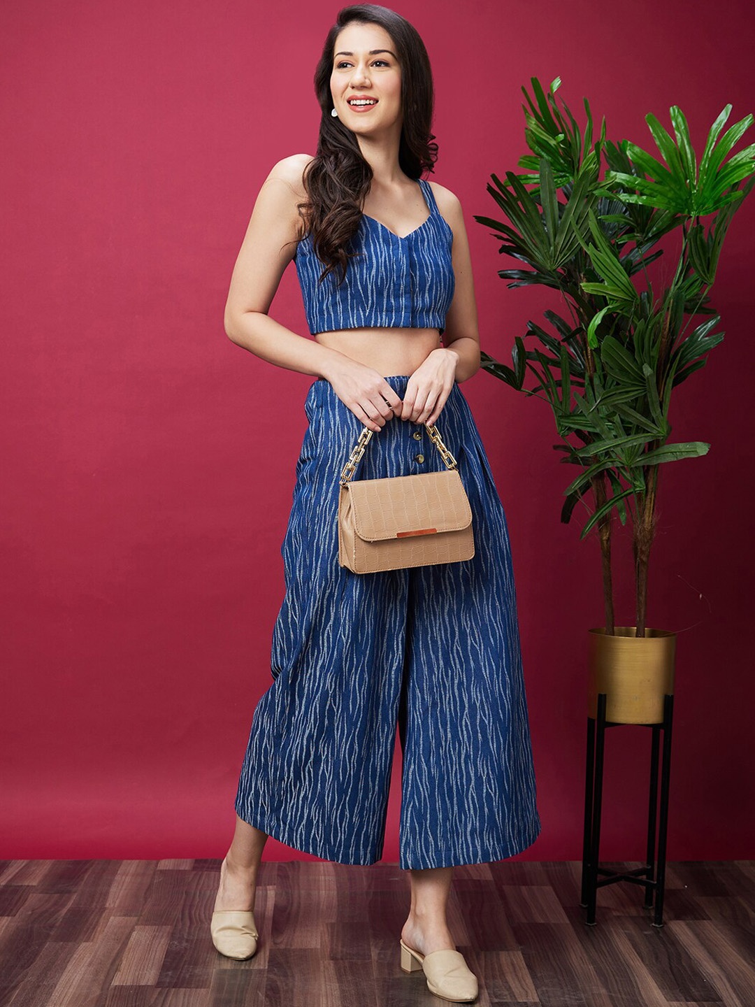 

Globus Women Blue Self Design Co-Ord Set With Strappy Top & Trouser