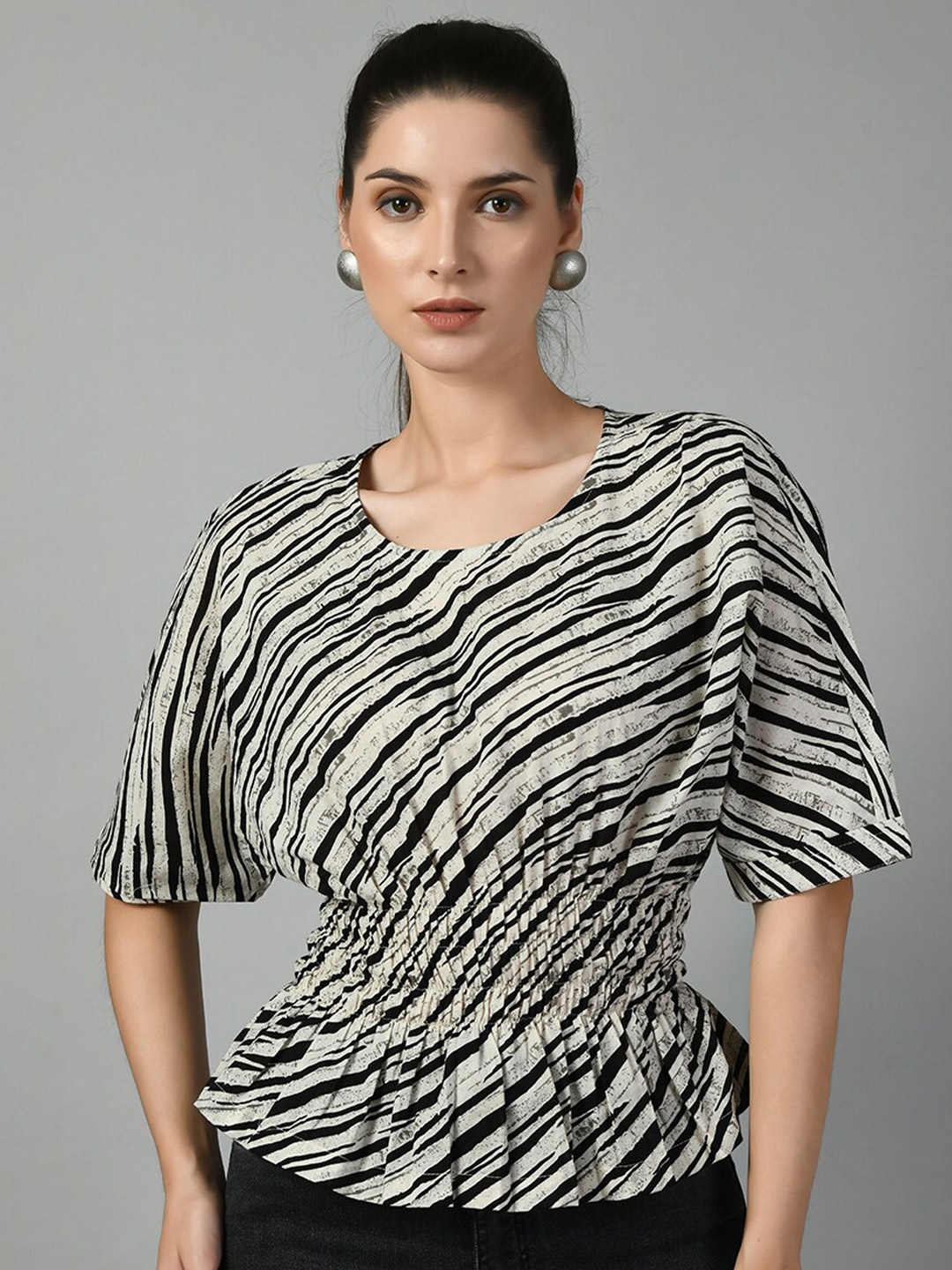 

DOISA Abstract Printed Smocked Cinched Waist Cotton Top, Grey