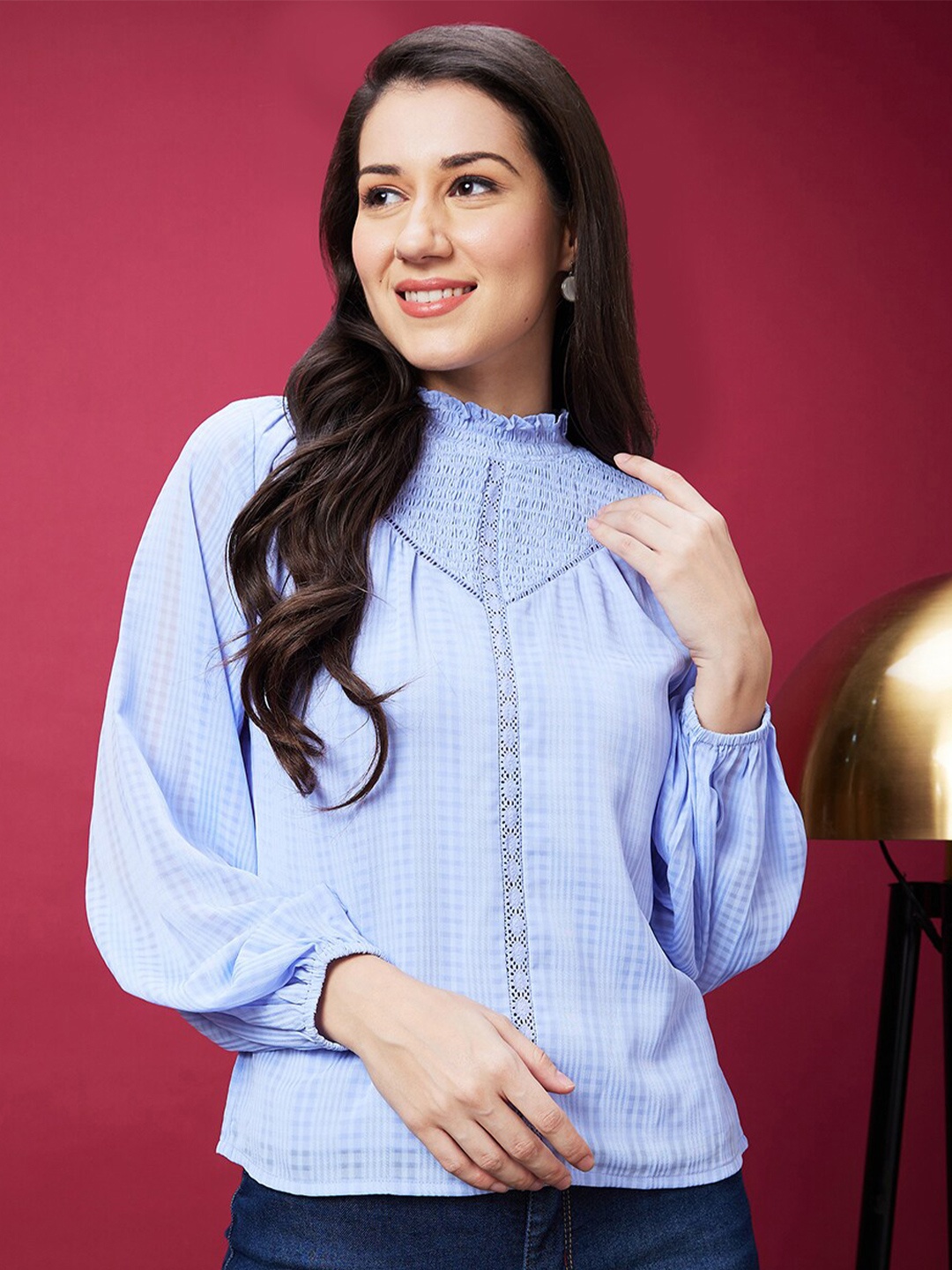 

Globus Blue Checked Cuffed Sleeves Smocked Georgette Top