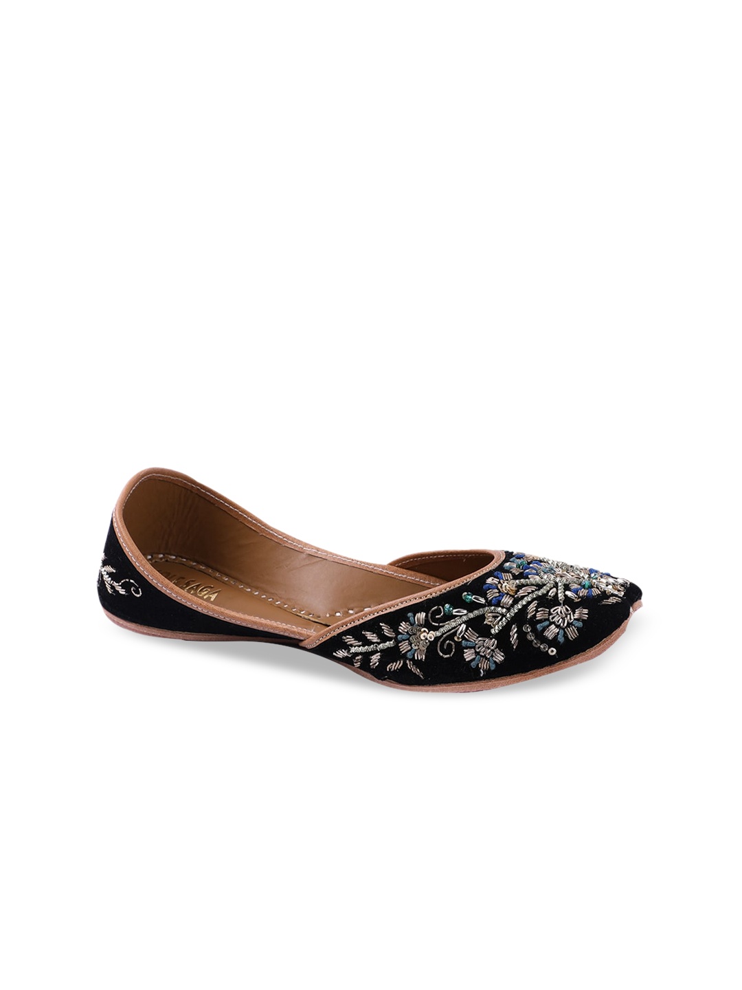 

Sole Saga Ethnic Embellished Square Toe Leather Mojaris, Black
