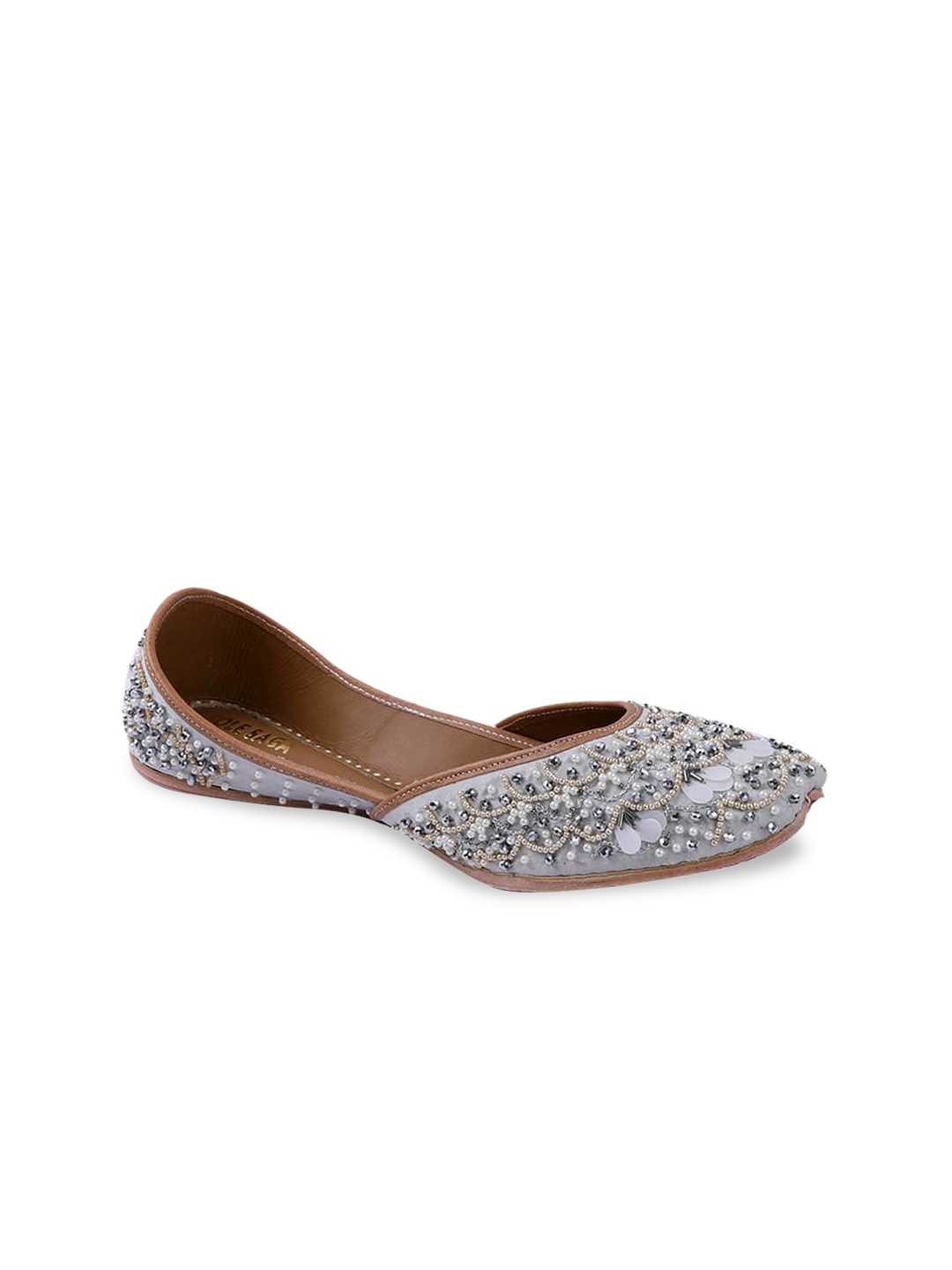 

Sole Saga Ethnic Embellished Leather Mojaris, Grey