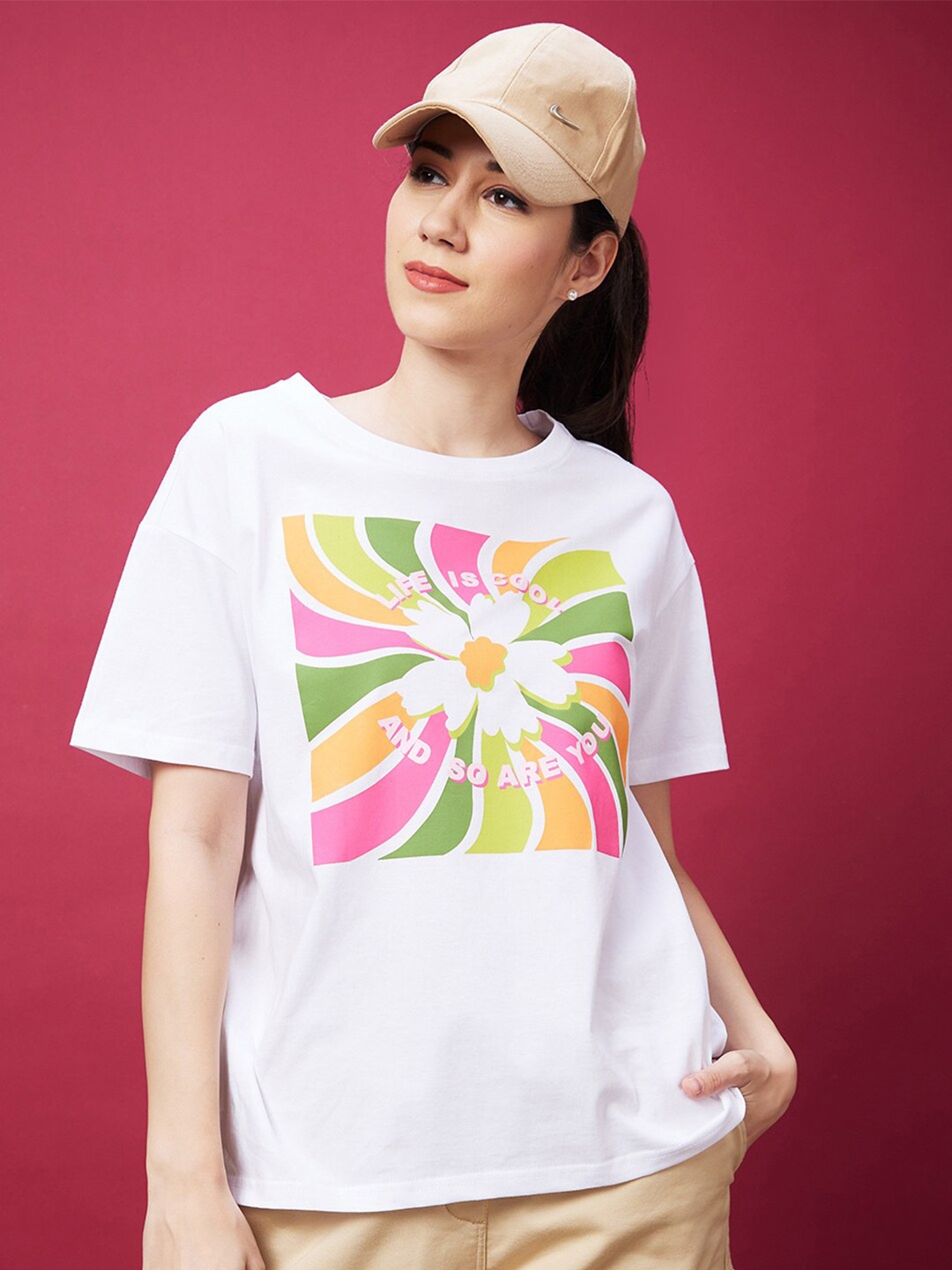 

Globus White Floral Printed Oversized Drop-Shoulder Sleeves Cotton Boxy T-shirt