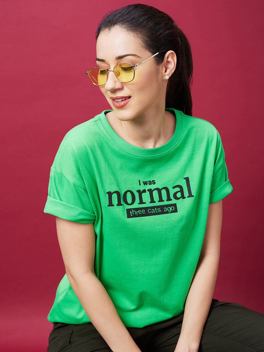 

Globus Green Typography Printed Oversized Pure Cotton Boxy T-shirt