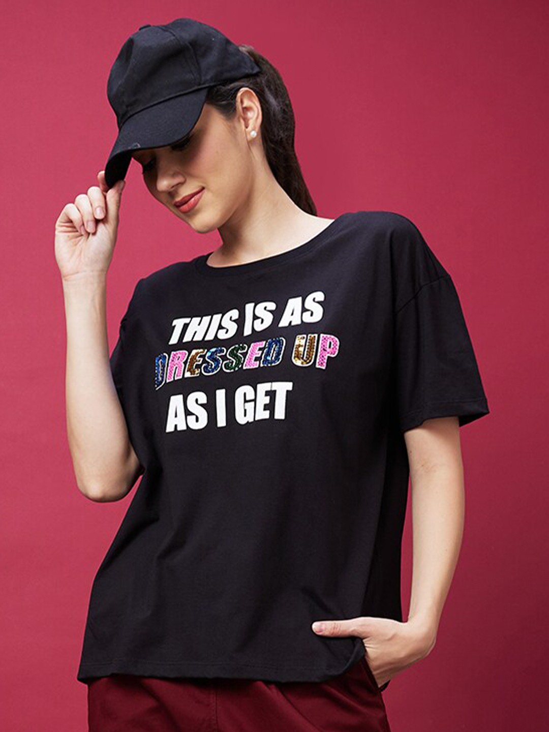 

Globus Black Typography Printed Pure Cotton Oversized T-shirt