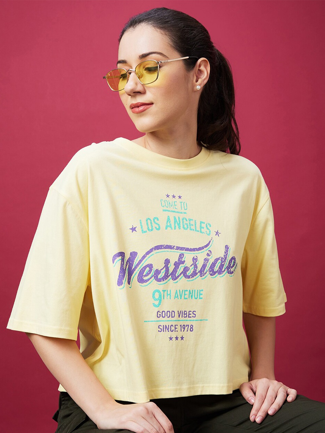 

Globus Yellow Typography Printed Oversized Drop-Shoulder Sleeves Cotton Boxy T-shirt