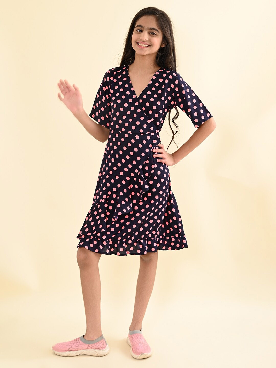 

BAESD Polka Dot Printed Ruffled Fit & Flare Knee Length Dress, Navy blue
