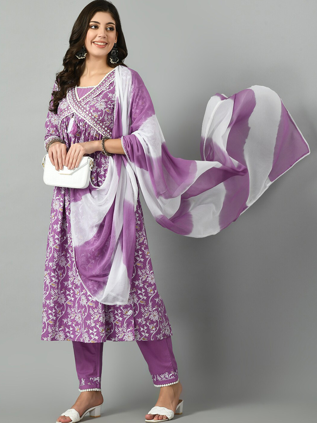 

DOISA Floral Pure Cotton Anarkali Kurta with Trousers & With Dupatta, Purple