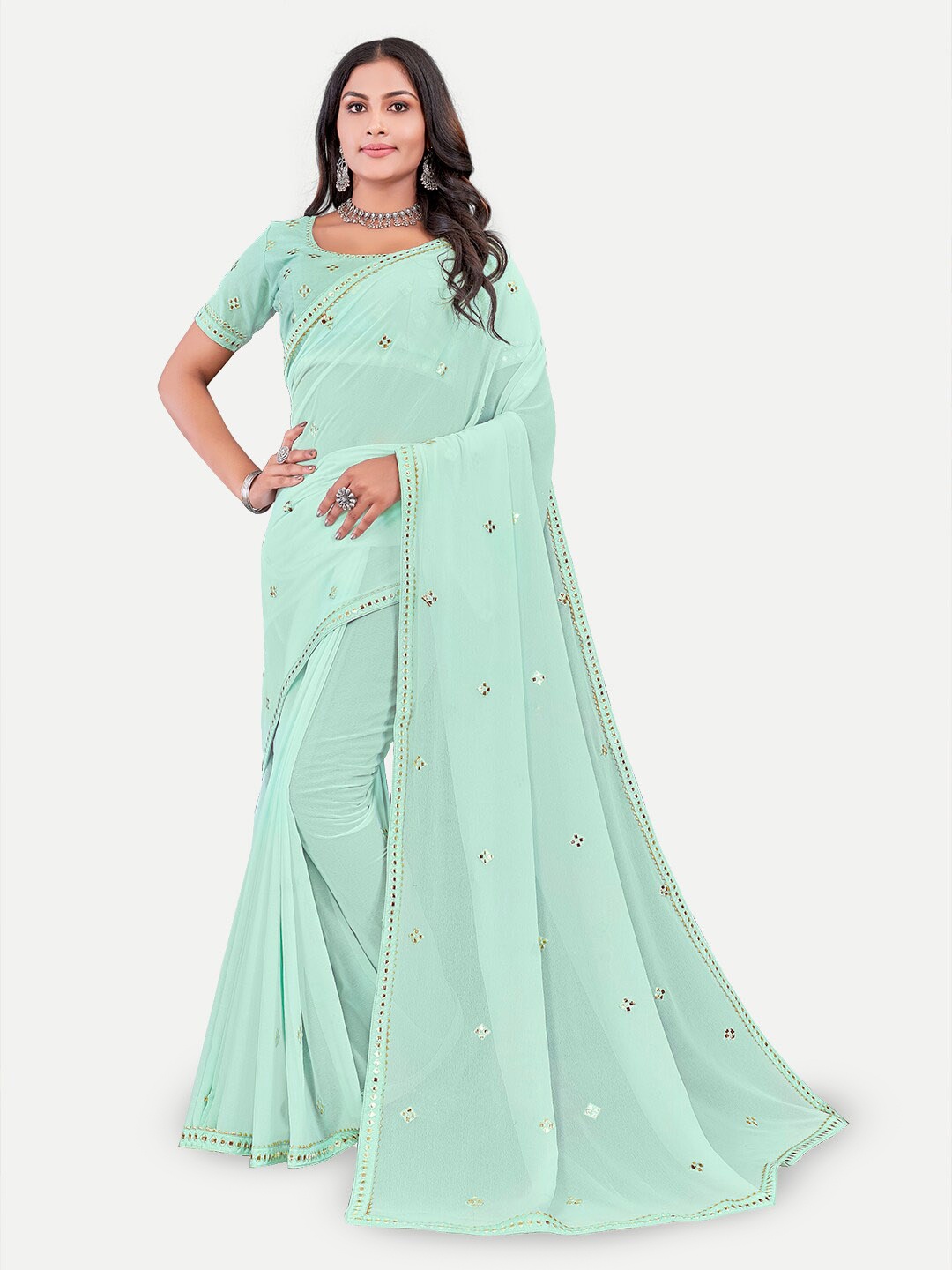 

TAVAS Geometric Embroidered Mirror Work Saree, Sea green
