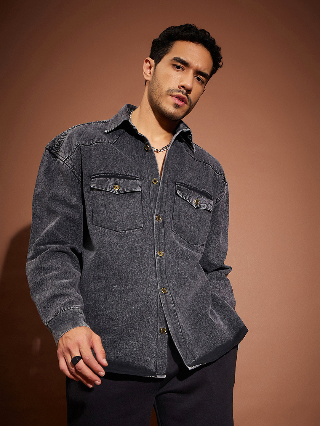 

MASCLN SASSAFRAS Black Relaxed Oversized Fit Washed Pure Cotton Denim Shacket