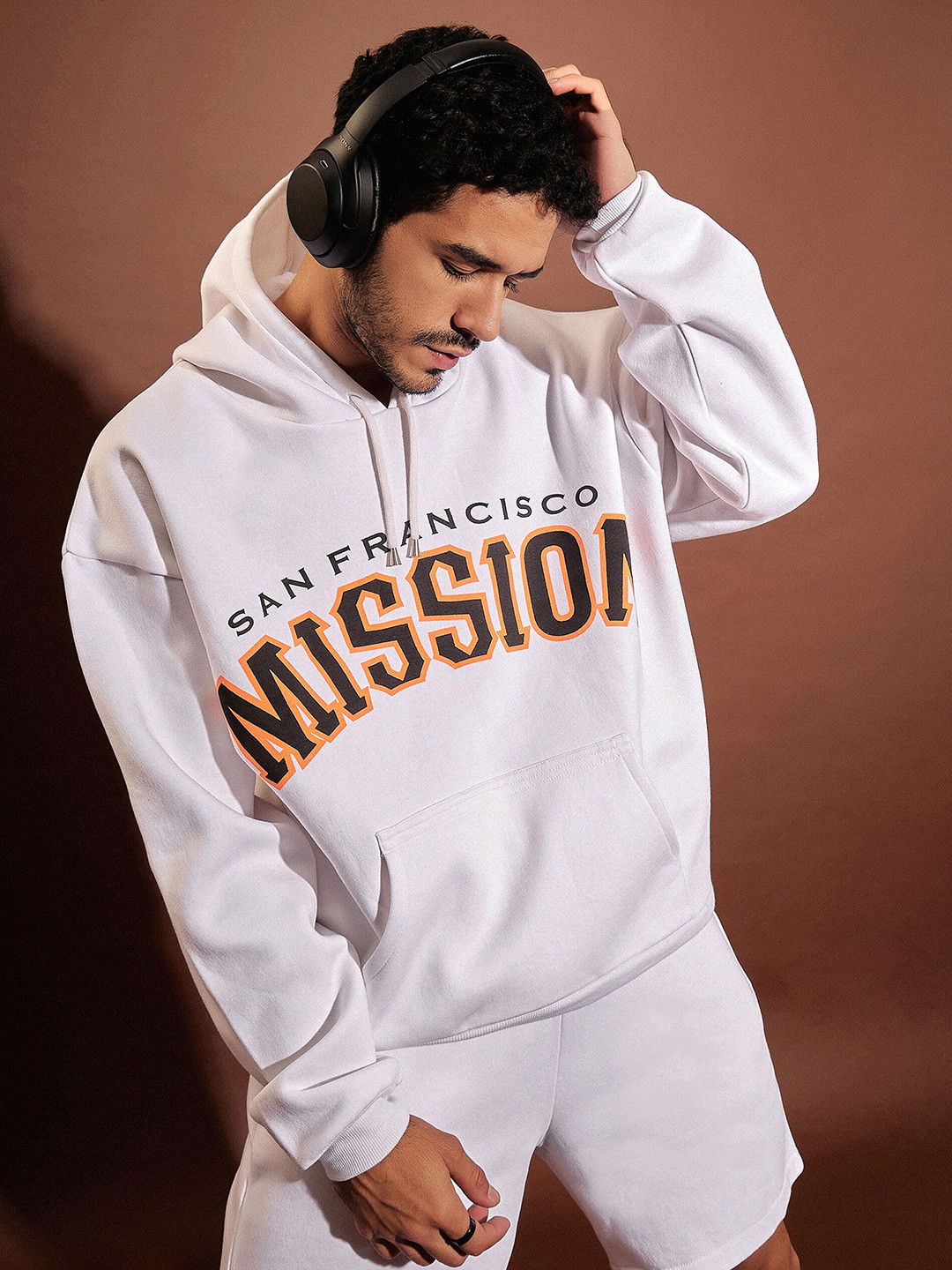 

MASCLN SASSAFRAS White Typography Printed Hooded Oversized Fleece Sweatshirt