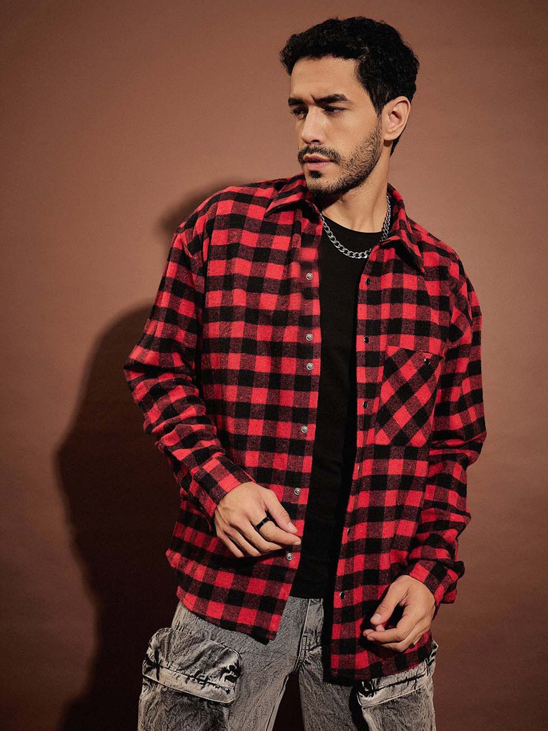 

MASCLN SASSAFRAS Red Relaxed Oversized Buffalo Checked Pure Cotton Casual Shacket