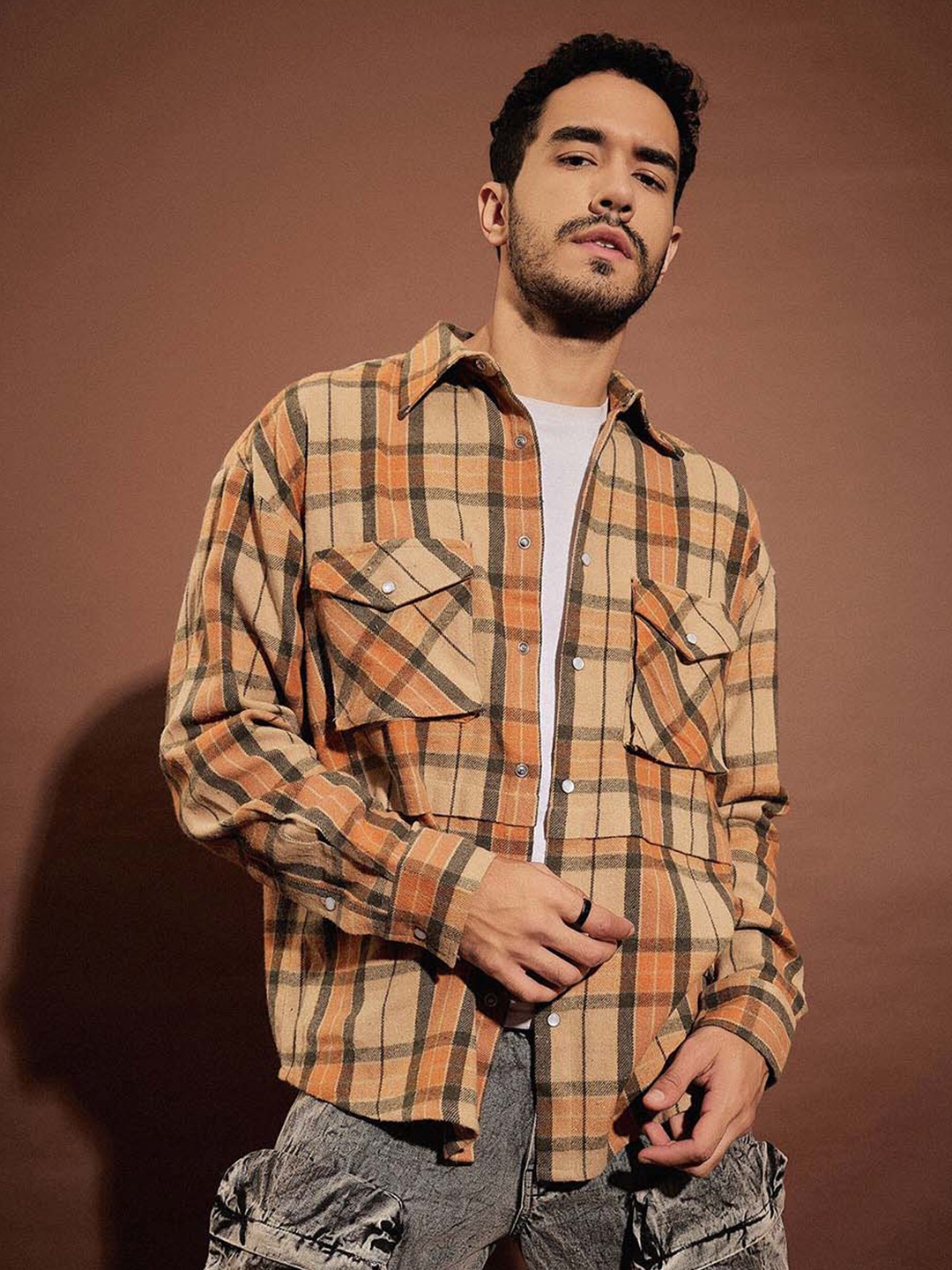 

MASCLN SASSAFRAS Beige Relaxed Oversized Fit Tartan Checked Pure Cotton Shacket