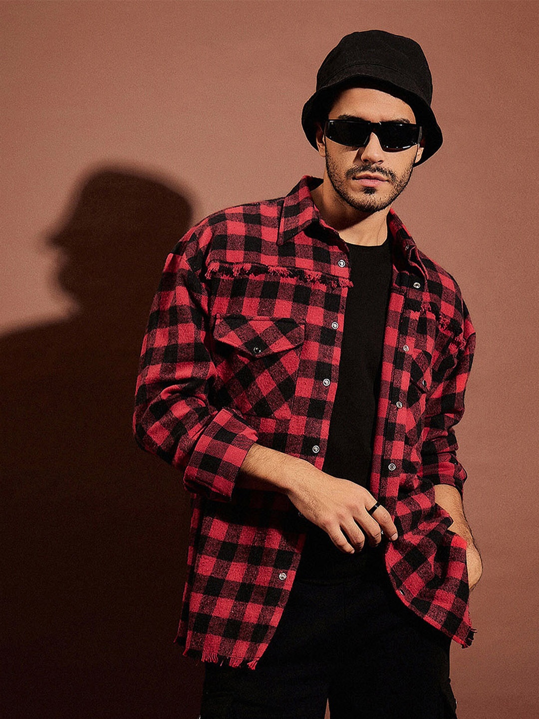 

MASCLN SASSAFRAS Red Relaxed Oversized Buffalo Checked Pure Cotton Casual Shacket