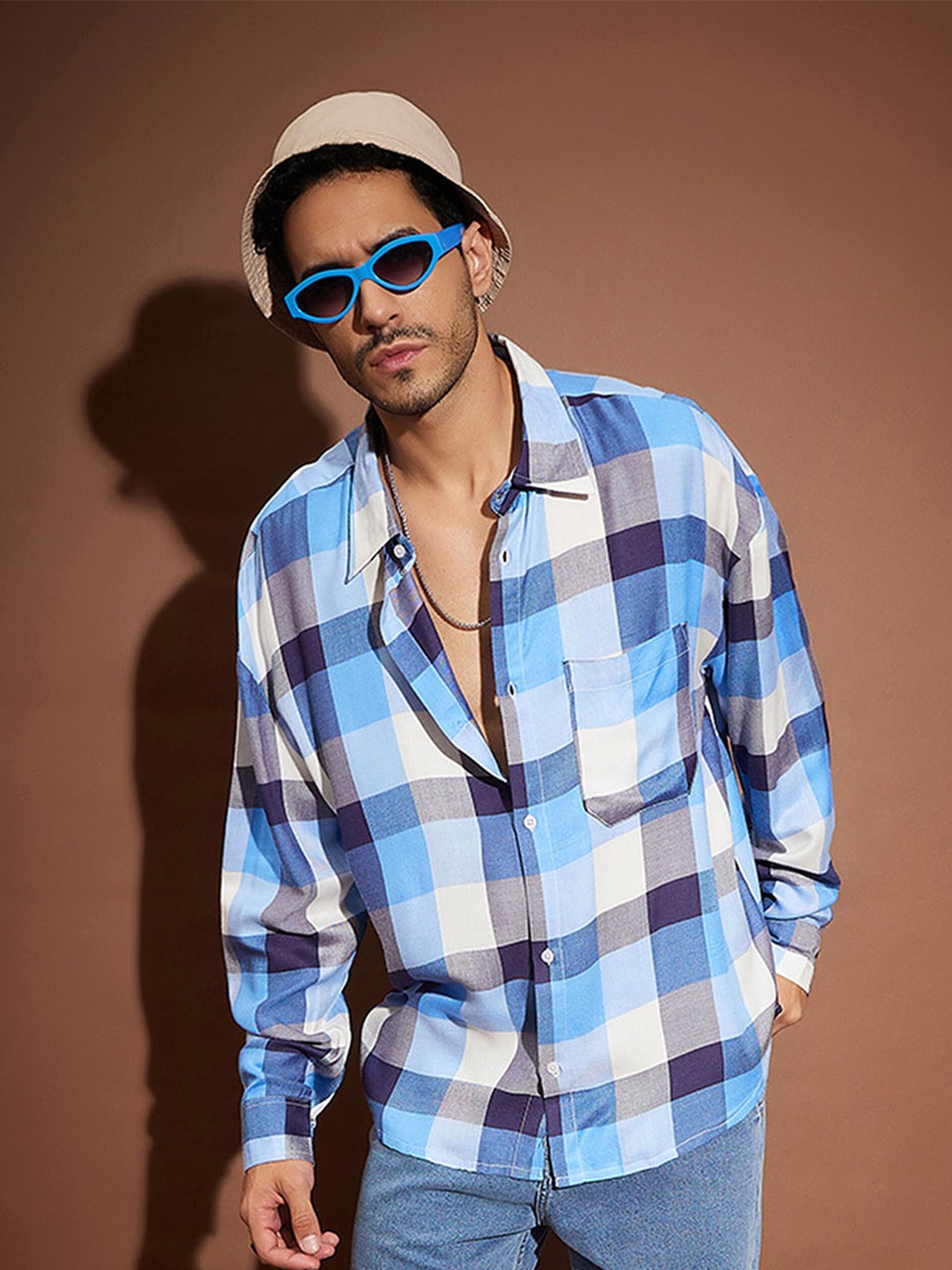

MASCLN SASSAFRAS Relaxed Tartan Checked Casual Shirt, Blue