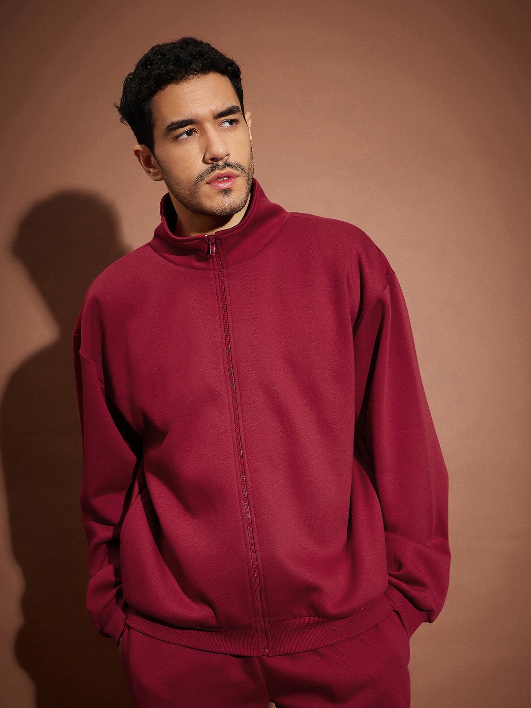 

MASCLN SASSAFRAS Maroon Long Sleeves Mock Collar Oversized Front-Open Sweatshirt