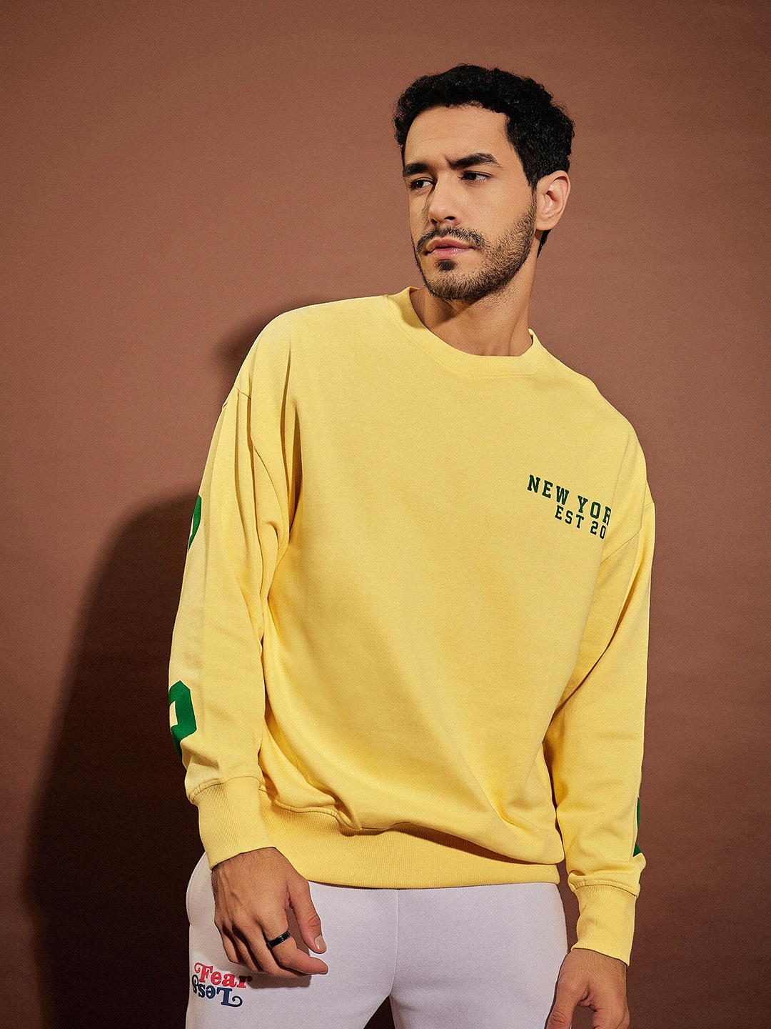 

MASCLN SASSAFRAS Yellow Typography Printed Long Sleeves Oversized Fleece Sweatshirt
