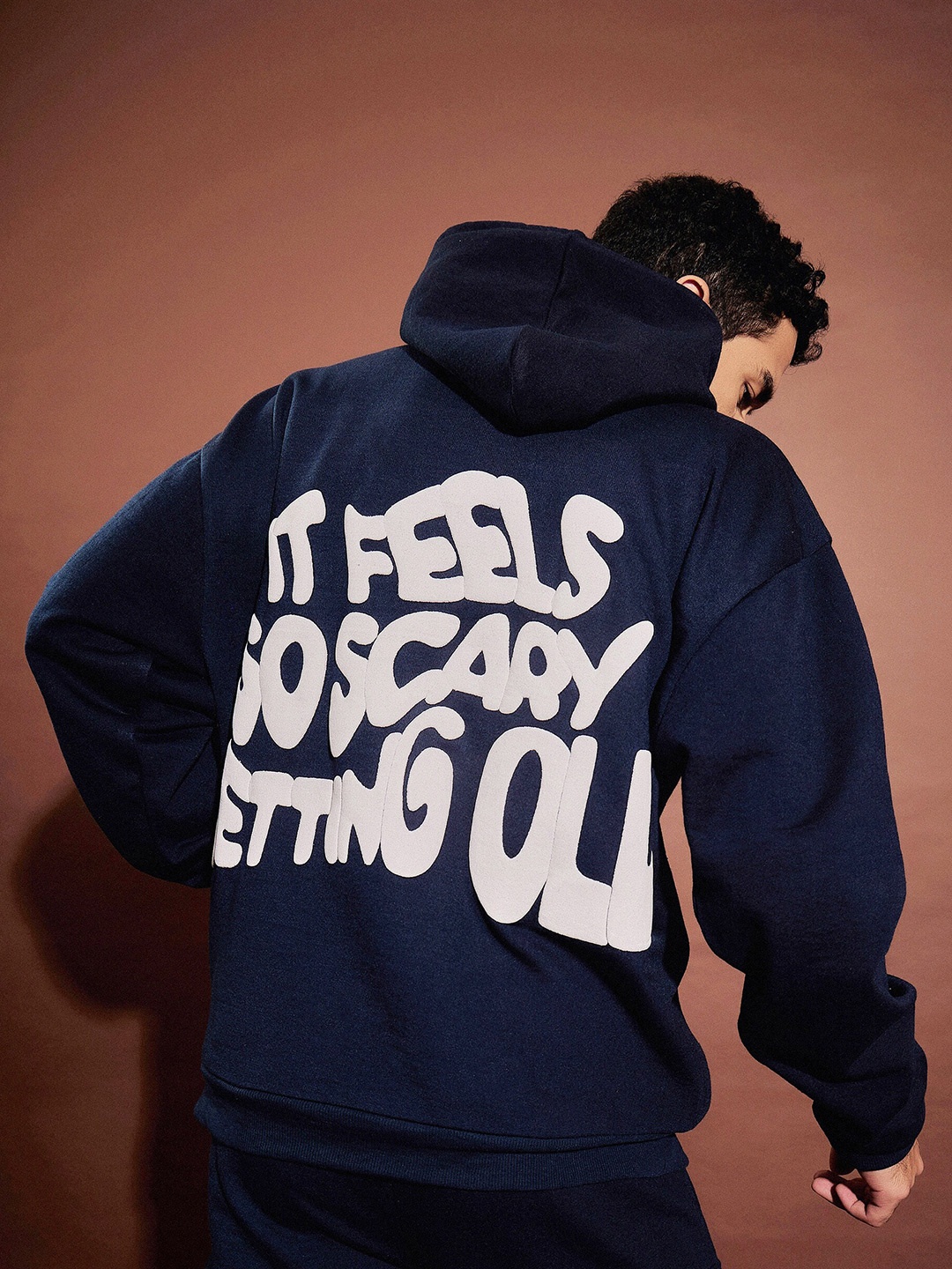 

MASCLN SASSAFRAS Navy Blue Printed Hooded Oversized Pullover
