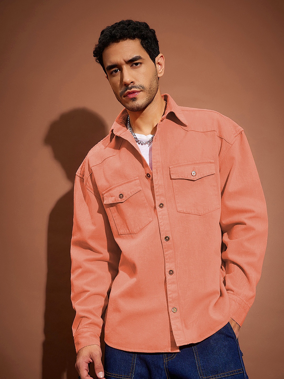 

MASCLN SASSAFRAS Orange Relaxed Oversized Fit Washed Pure Cotton Denim Shacket