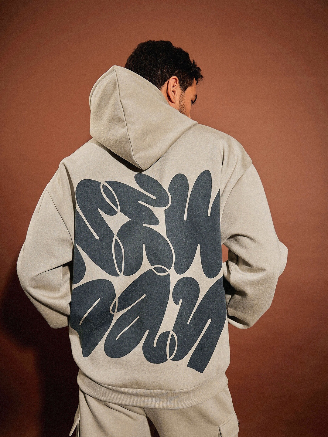 

MASCLN SASSAFRAS Taupe Typography Printed Hooded Pure Cotton Sweatshirt