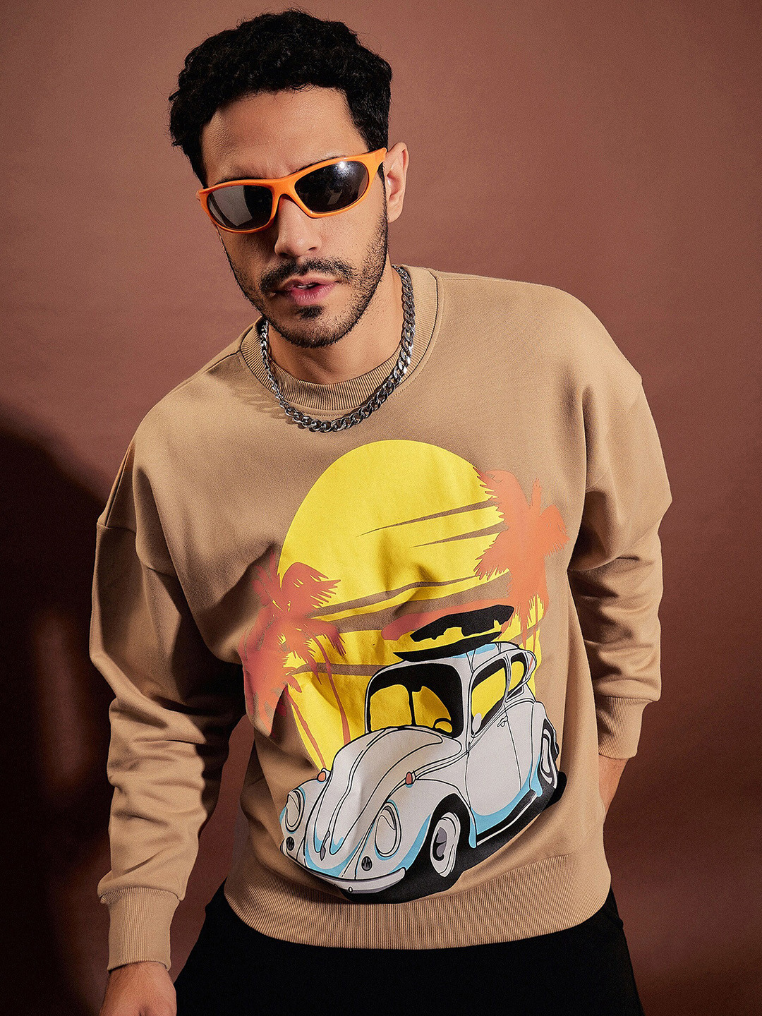

MASCLN SASSAFRAS Beige Graphic Printed Pure Cotton Sweatshirt