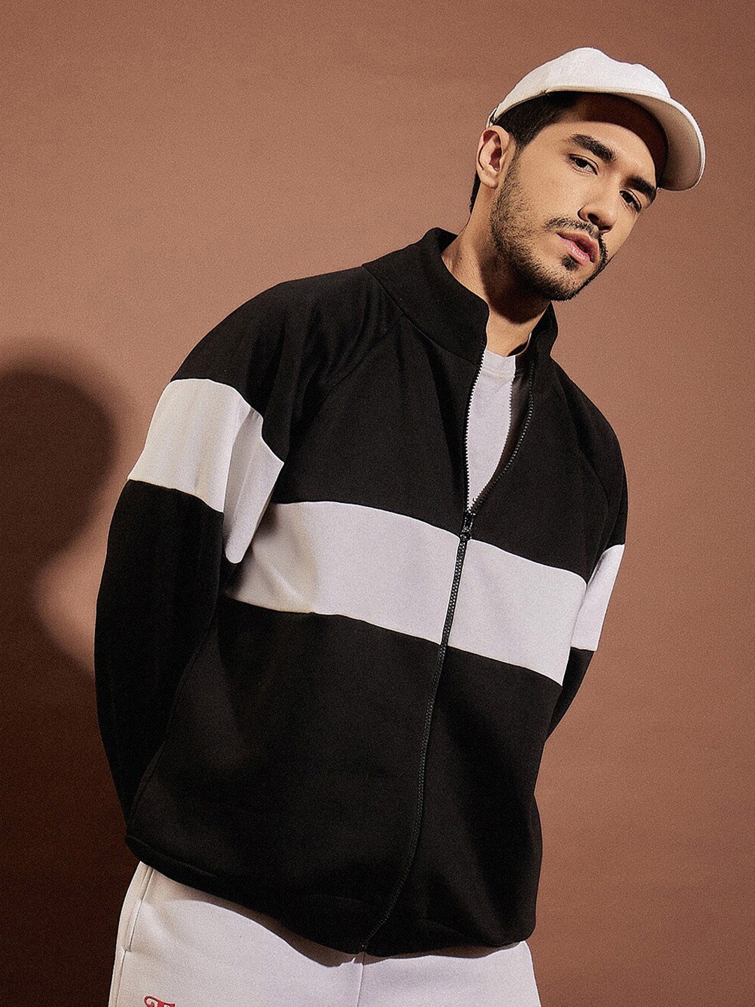 

MASCLN SASSAFRAS Black Colourblocked Oversized Front-Open Sweatshirt
