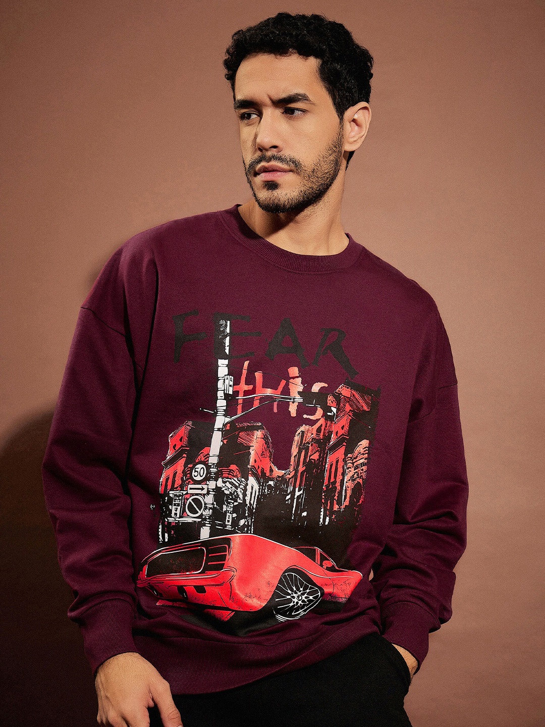 

MASCLN SASSAFRAS Maroon Fear Printed Oversized Pullover