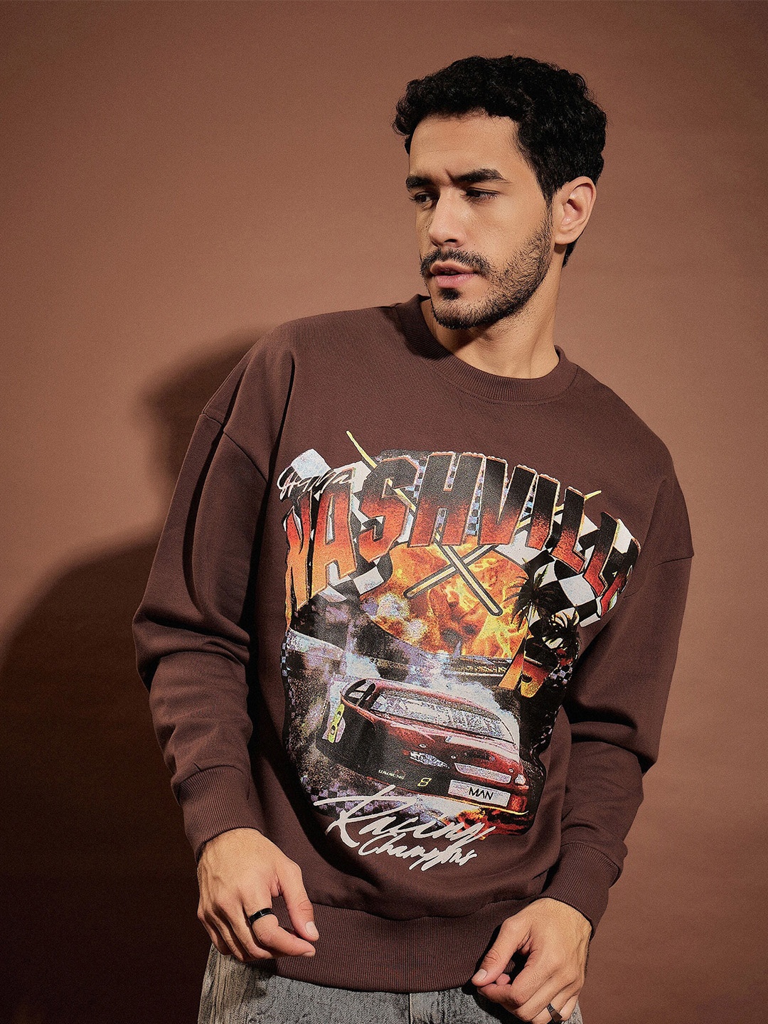 

MASCLN SASSAFRAS Brown Graphic Printed Oversized Fleece Sweatshirt