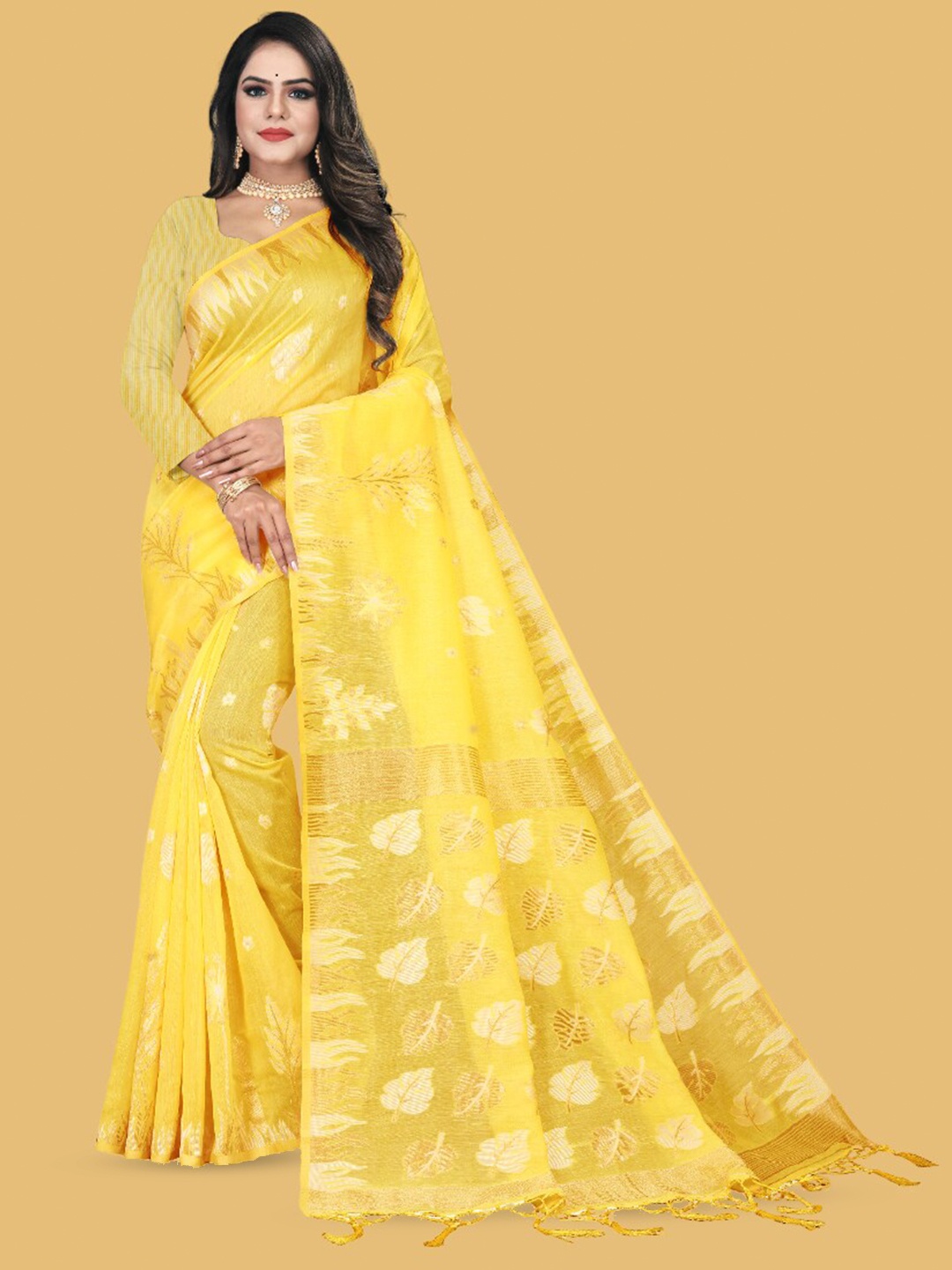 

DIVASTRI Woven Design Zari Pure Cotton Banarasi Saree, Yellow