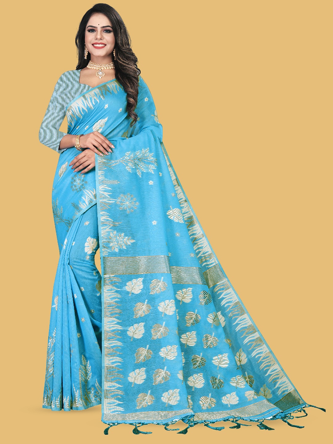 

DIVASTRI Woven Design Zari Pure Cotton Banarasi Saree, Blue