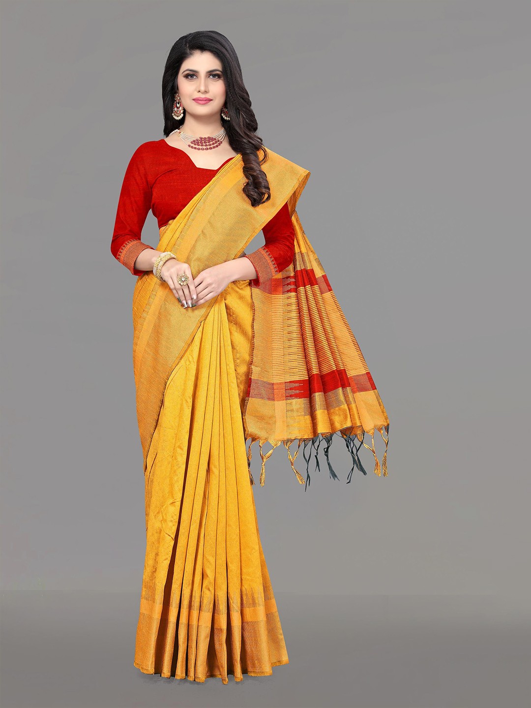 

DIVASTRI Striped Zari Art Silk Banarasi Saree, Yellow