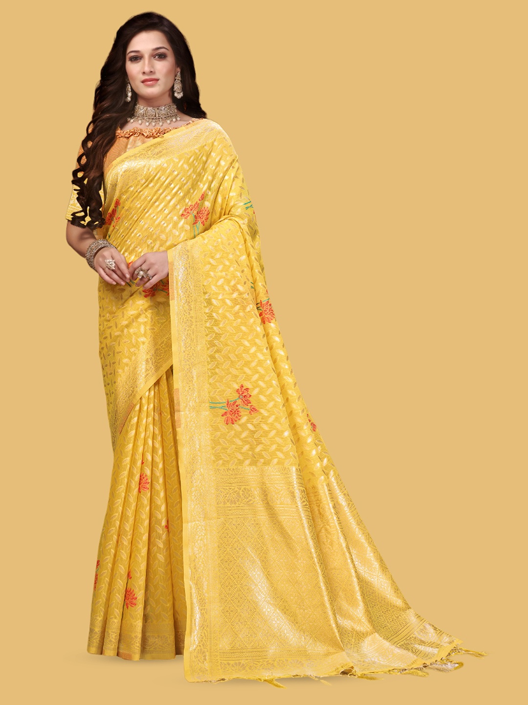 

DIVASTRI Ethnic Motifs Printed Zari Banarasi Saree, Yellow