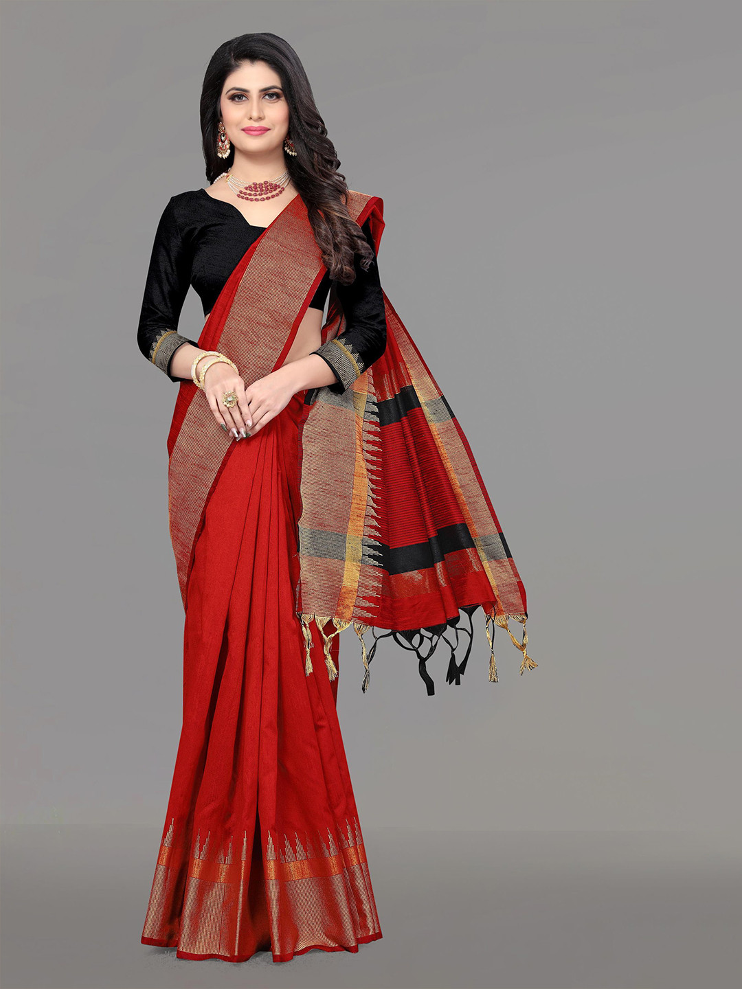 

DIVASTRI Striped Zari Art Silk Banarasi Saree, Red
