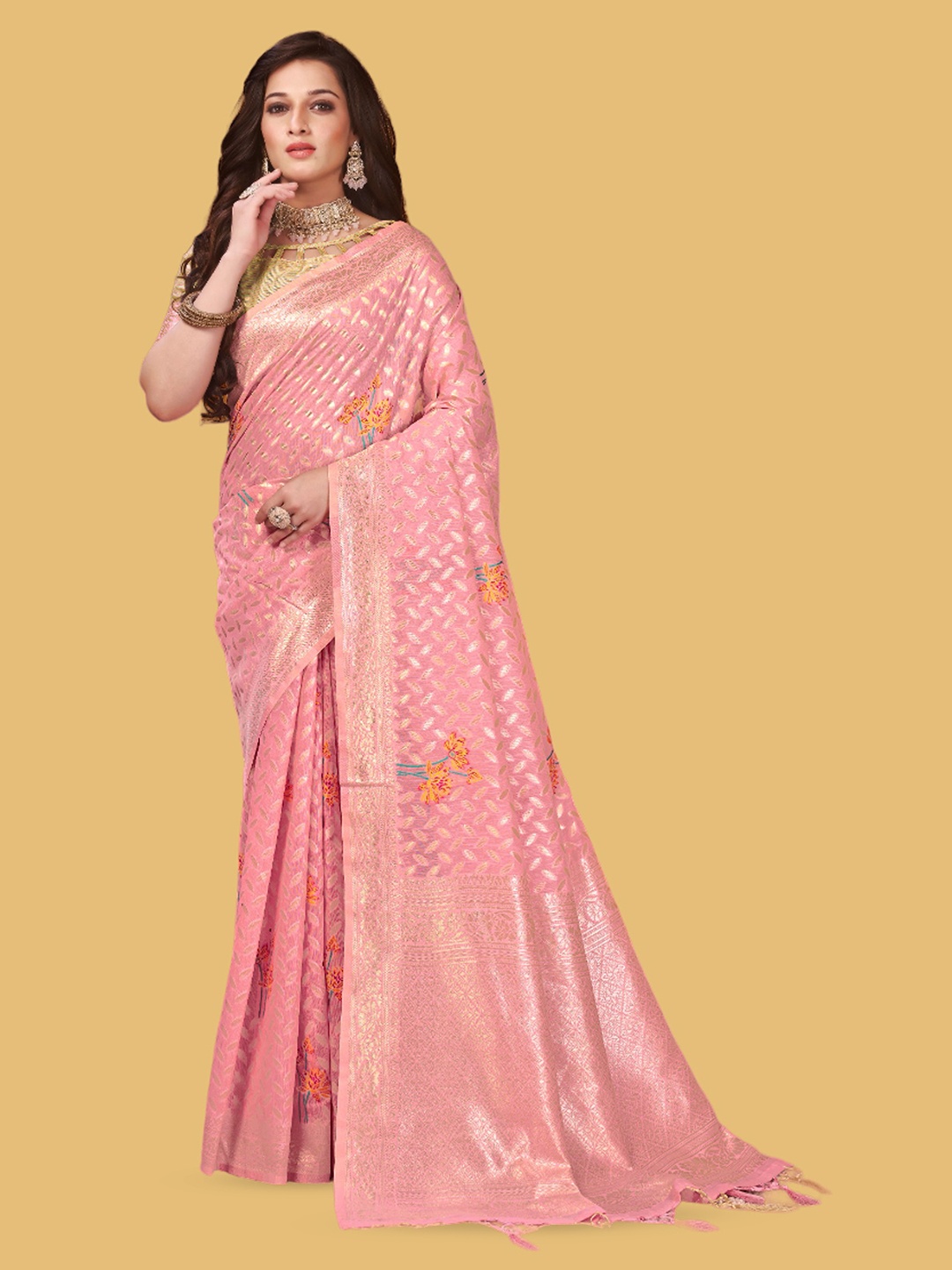 

DIVASTRI Ethnic Motifs Printed Zari Banarasi Saree, Pink