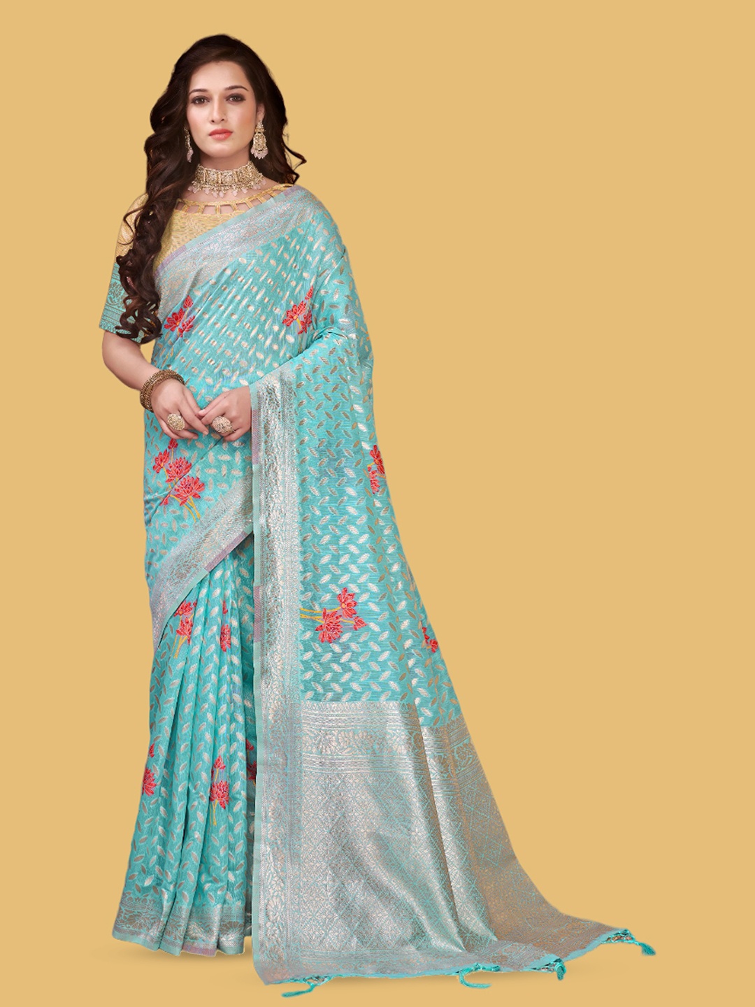 

DIVASTRI Floral Printed Zari Banarasi Saree, Blue