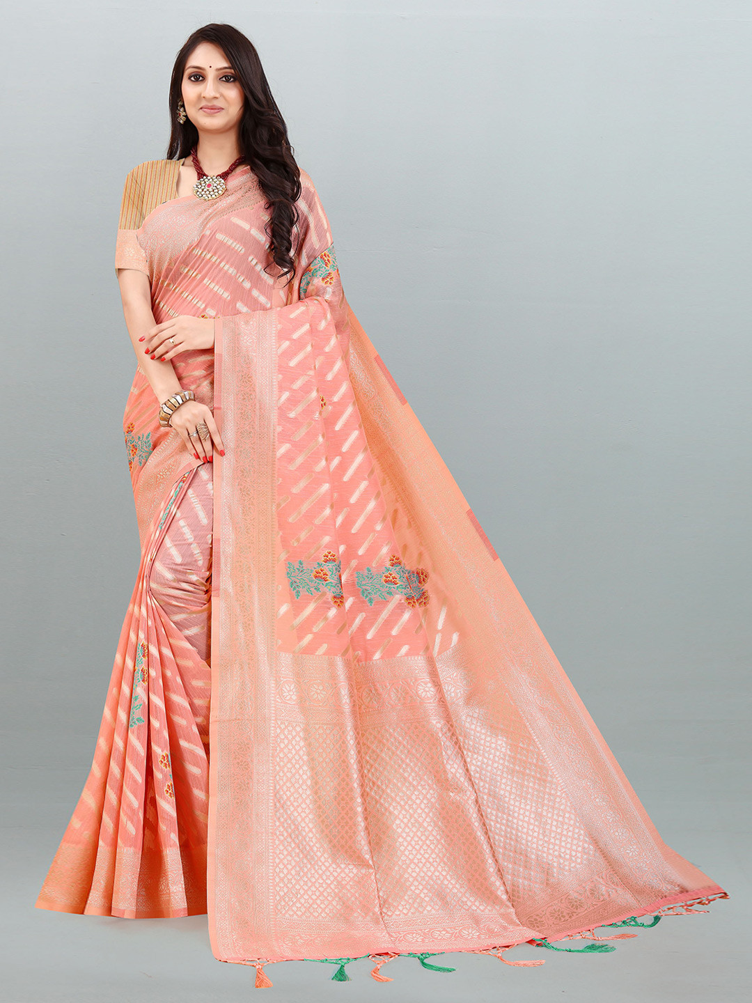

DIVASTRI Floral Woven Design Zari Pure Linen Banarasi Saree, Pink