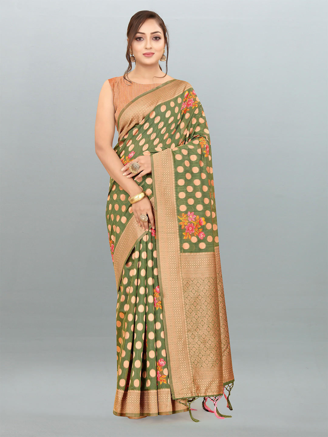 

DIVASTRI Floral Woven Design Zari Pure Linen Banarasi Saree, Green