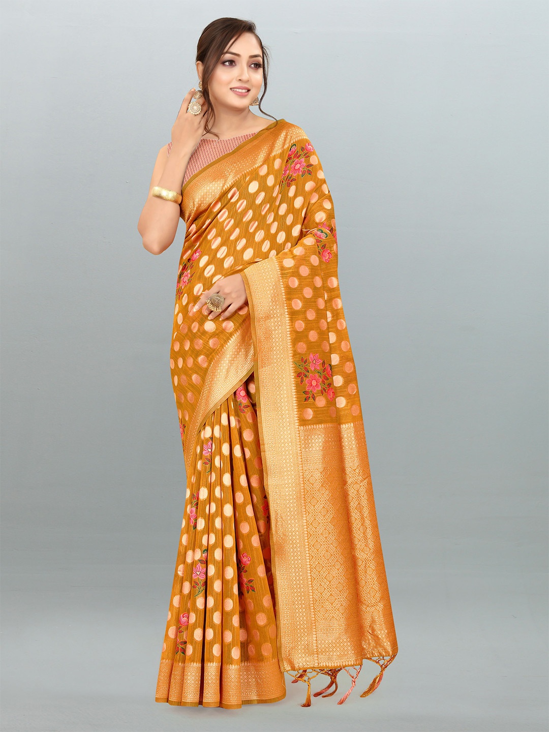 

DIVASTRI Floral Woven Design Zari Pure Linen Banarasi Saree, Orange