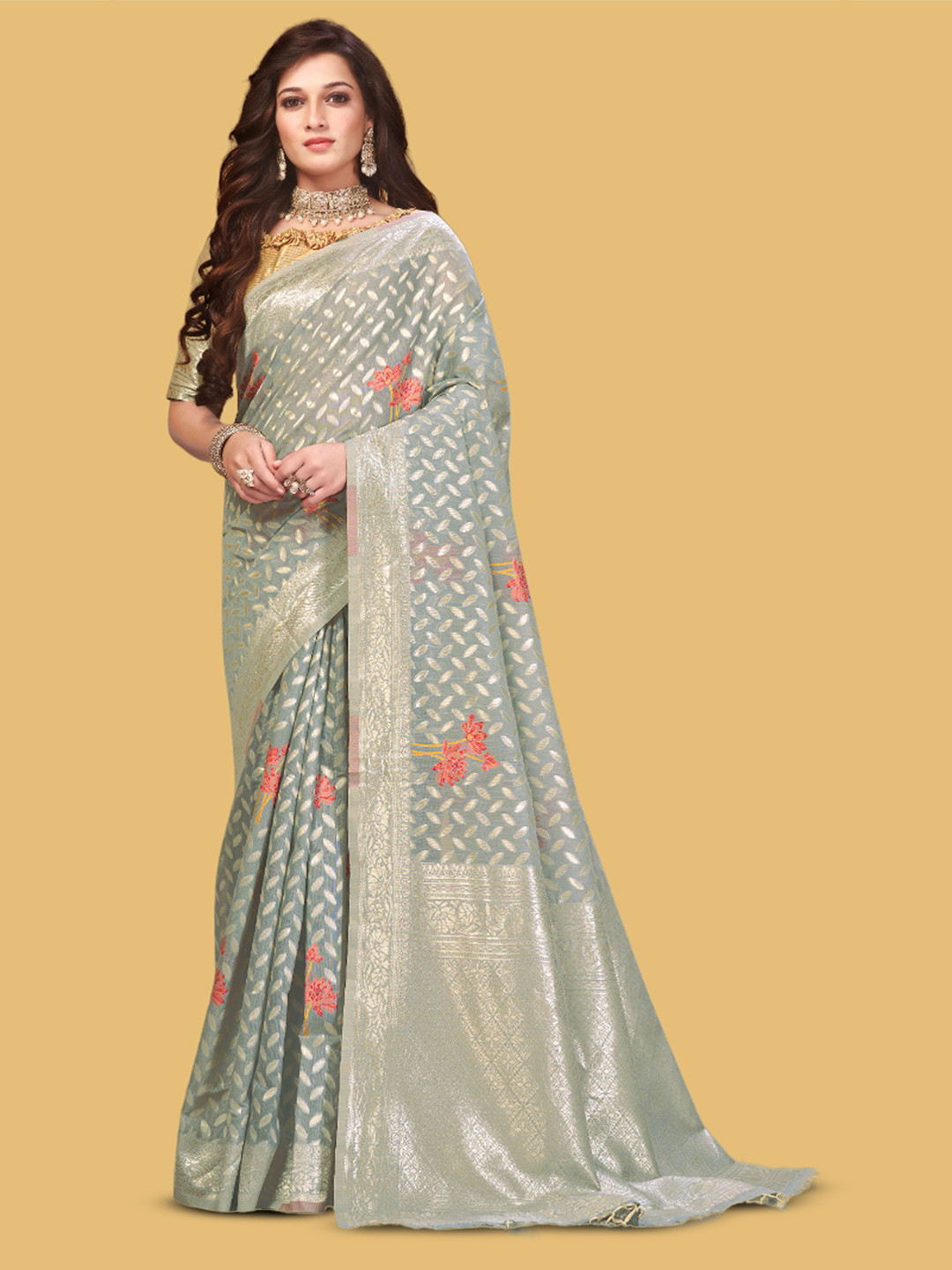 

DIVASTRI Geometric Woven Design Zari Detailed Pure Linen Saree, Grey