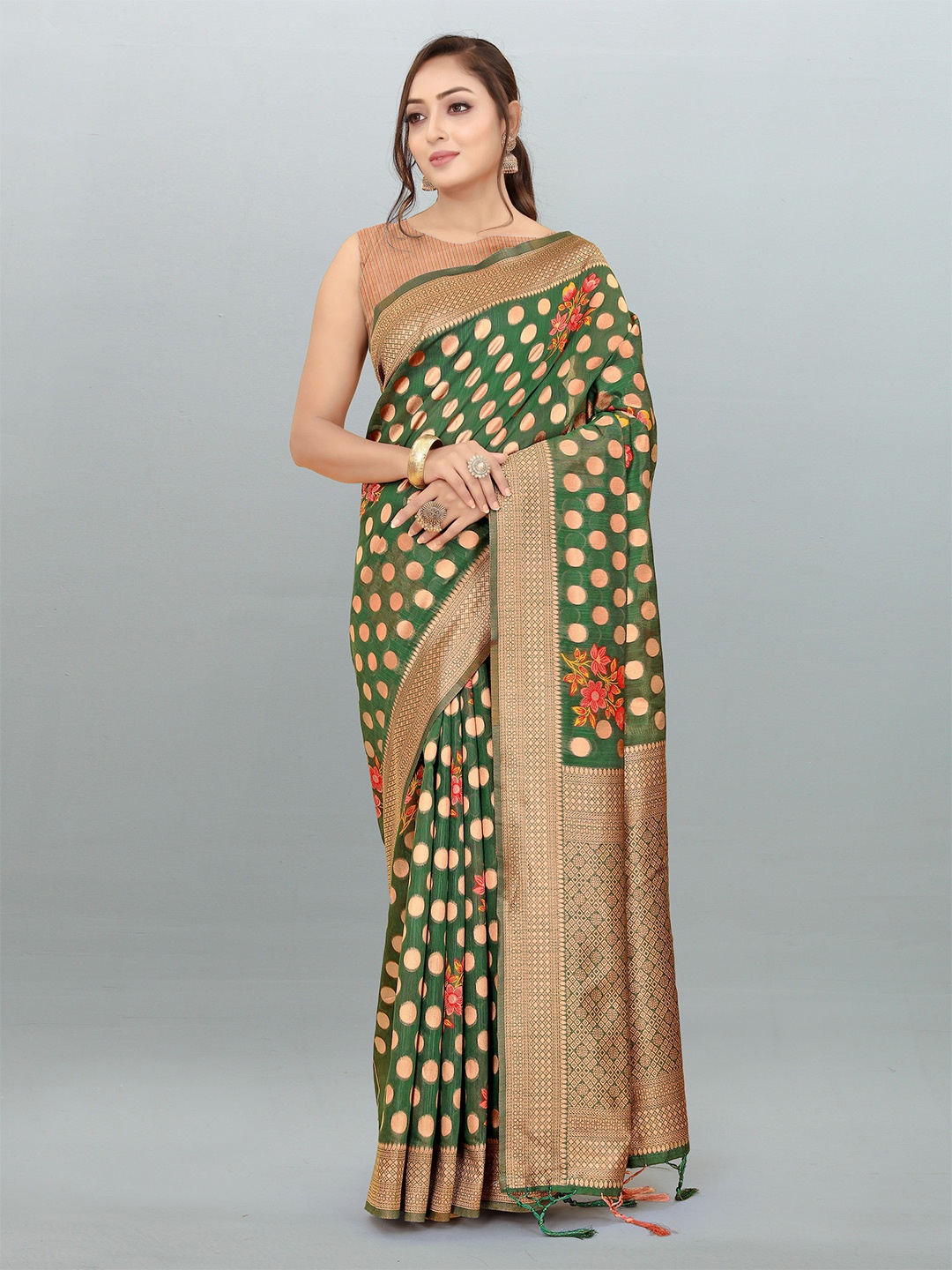 

DIVASTRI Polka Dots Woven Design Zari Pure Linen Banarasi Saree, Green