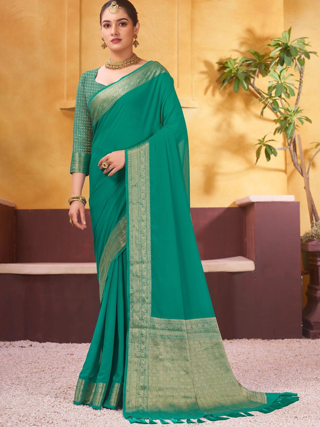 

DIVASTRI Zari Pure Georgette Saree, Turquoise blue