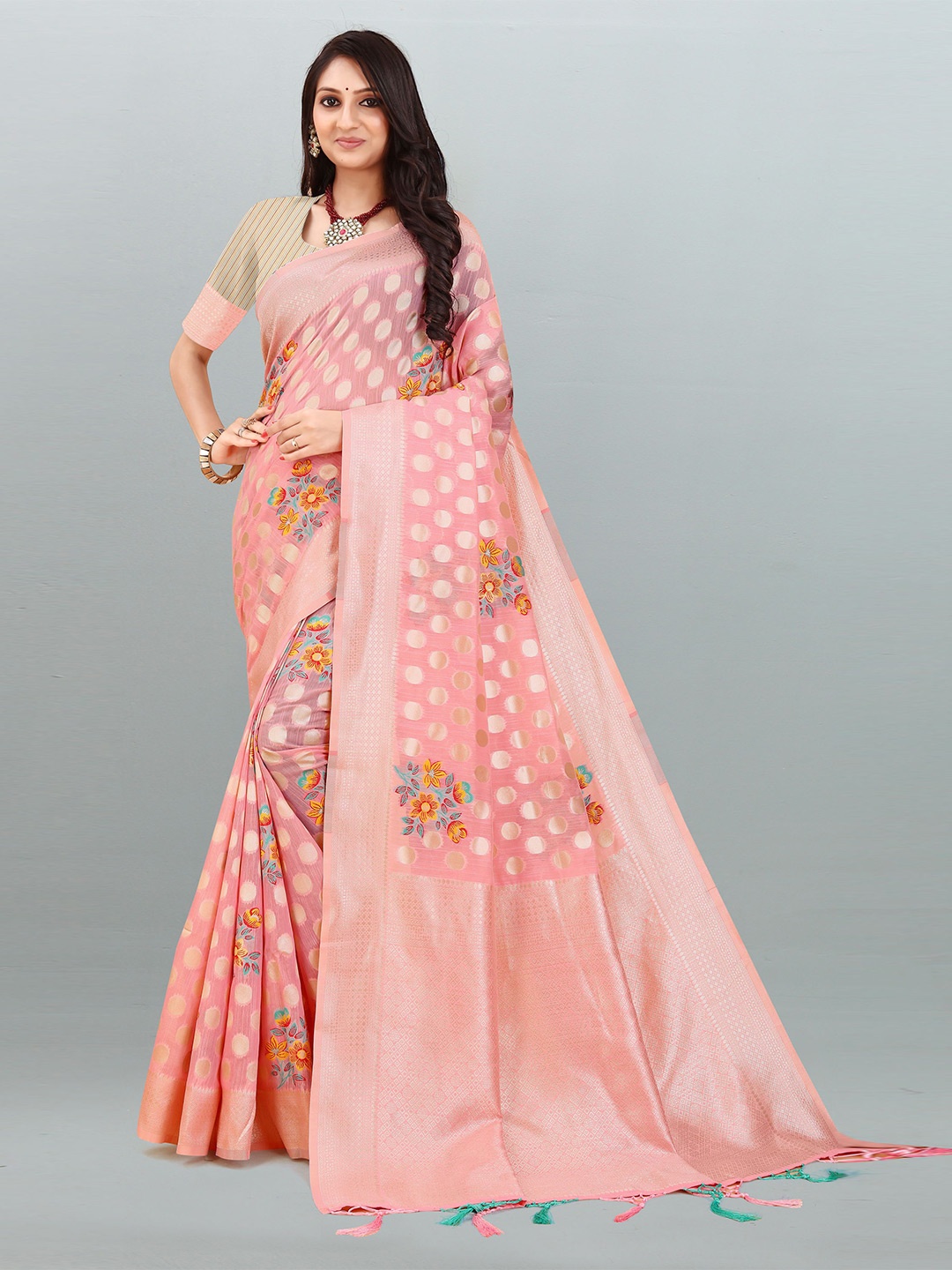 

DIVASTRI Geometric Woven Design Zari Pure Linen Saree, Pink