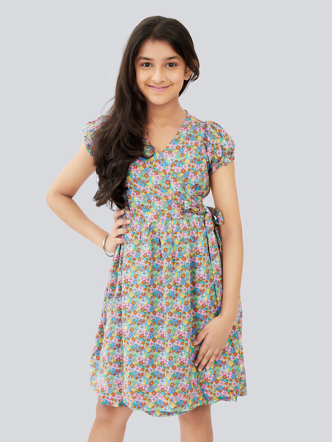 

Olele Floral Printed V-Neck Puff Sleeves WrapDress, Blue