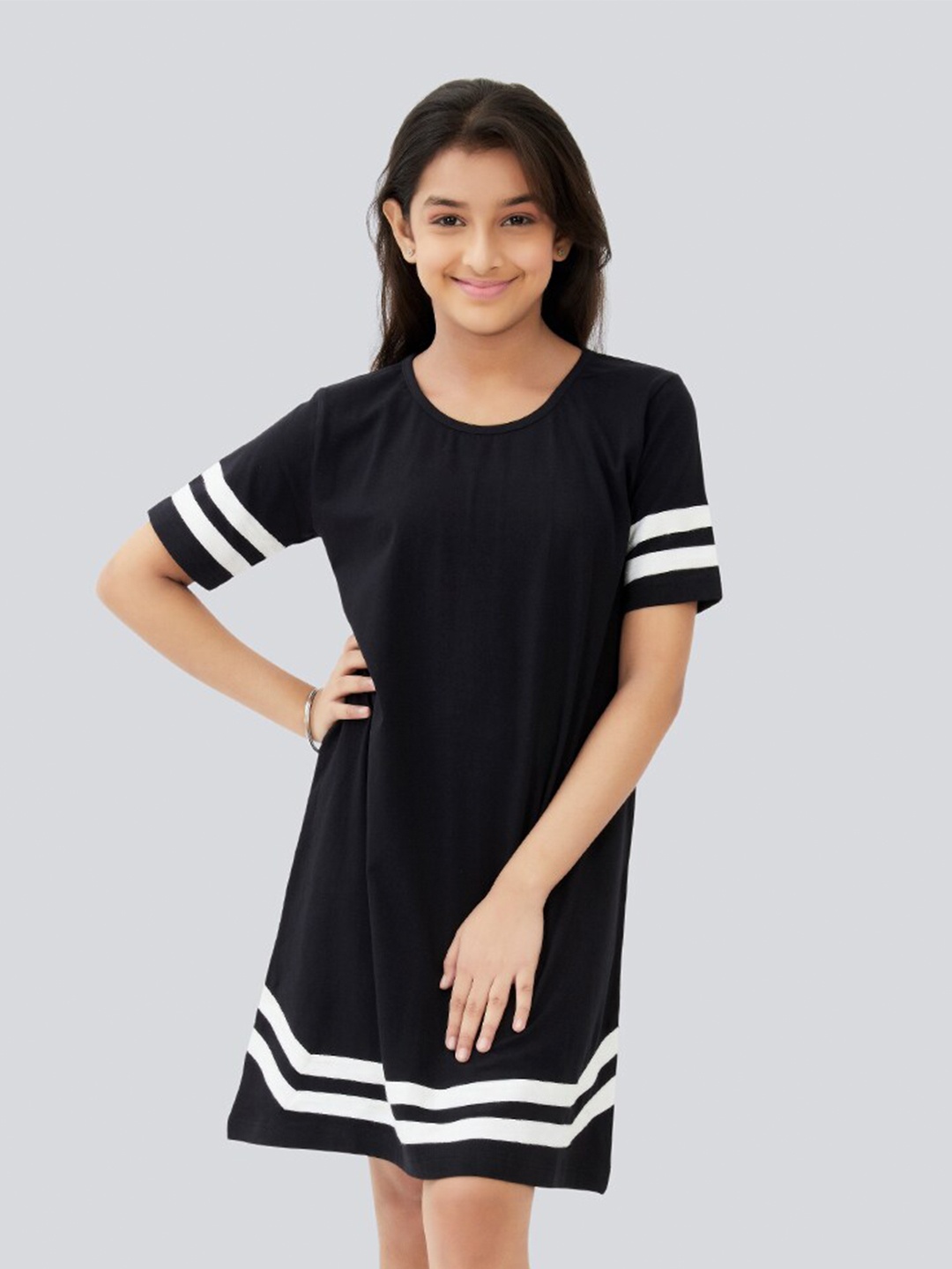 

Olele Girls Striped Round Neck Cotton A-Line Dress, Black