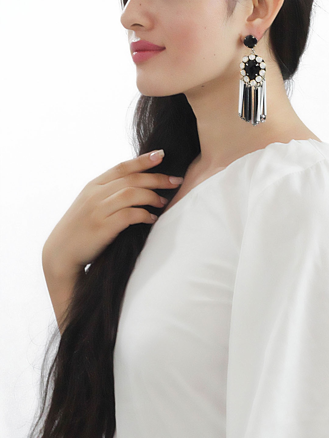 

Rhea Rhodium Plated Crystals Drop Earrings, Black