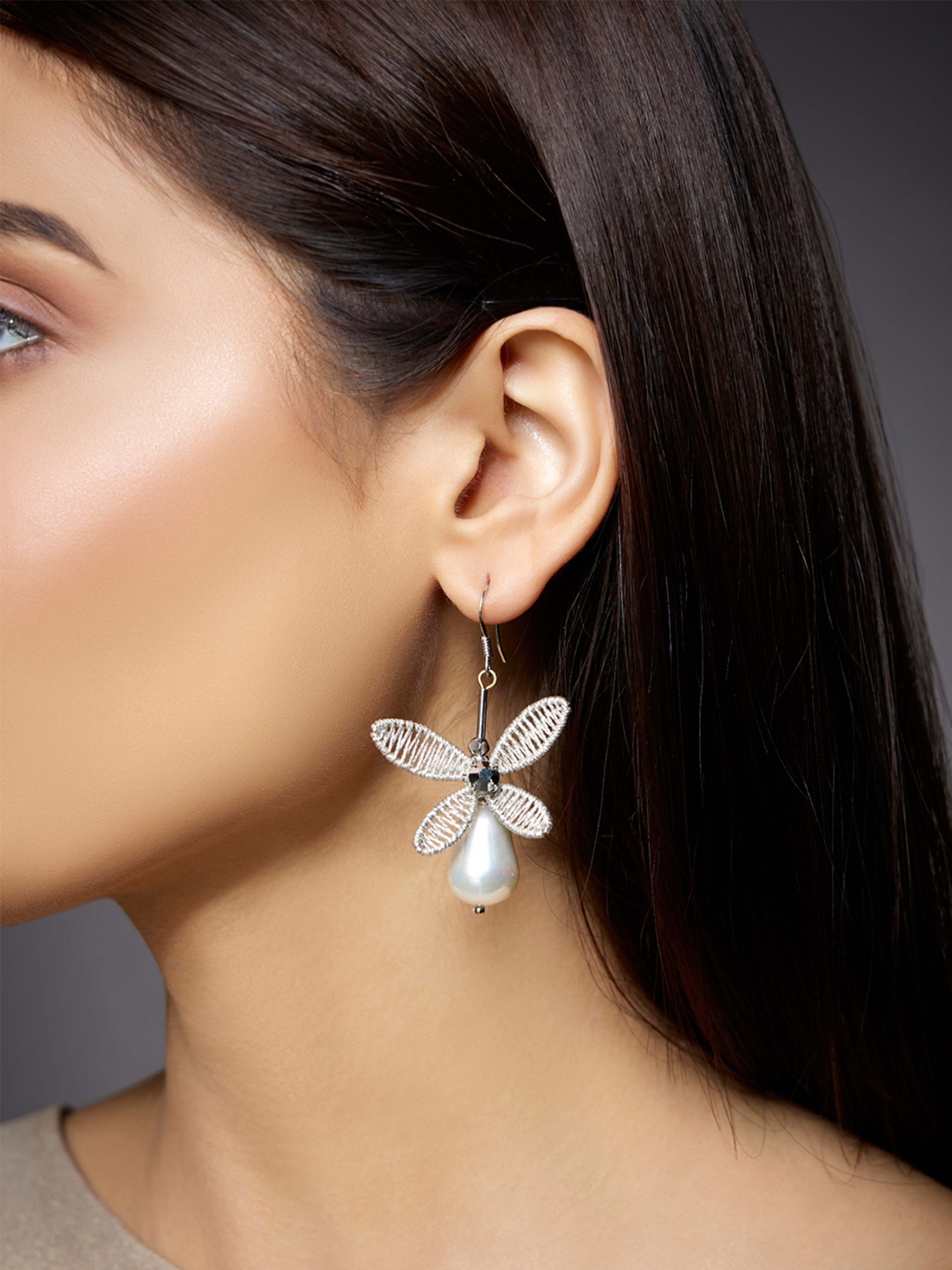 

Rhea Rhodium-Plated Beaded Floral Drop Earrings, White