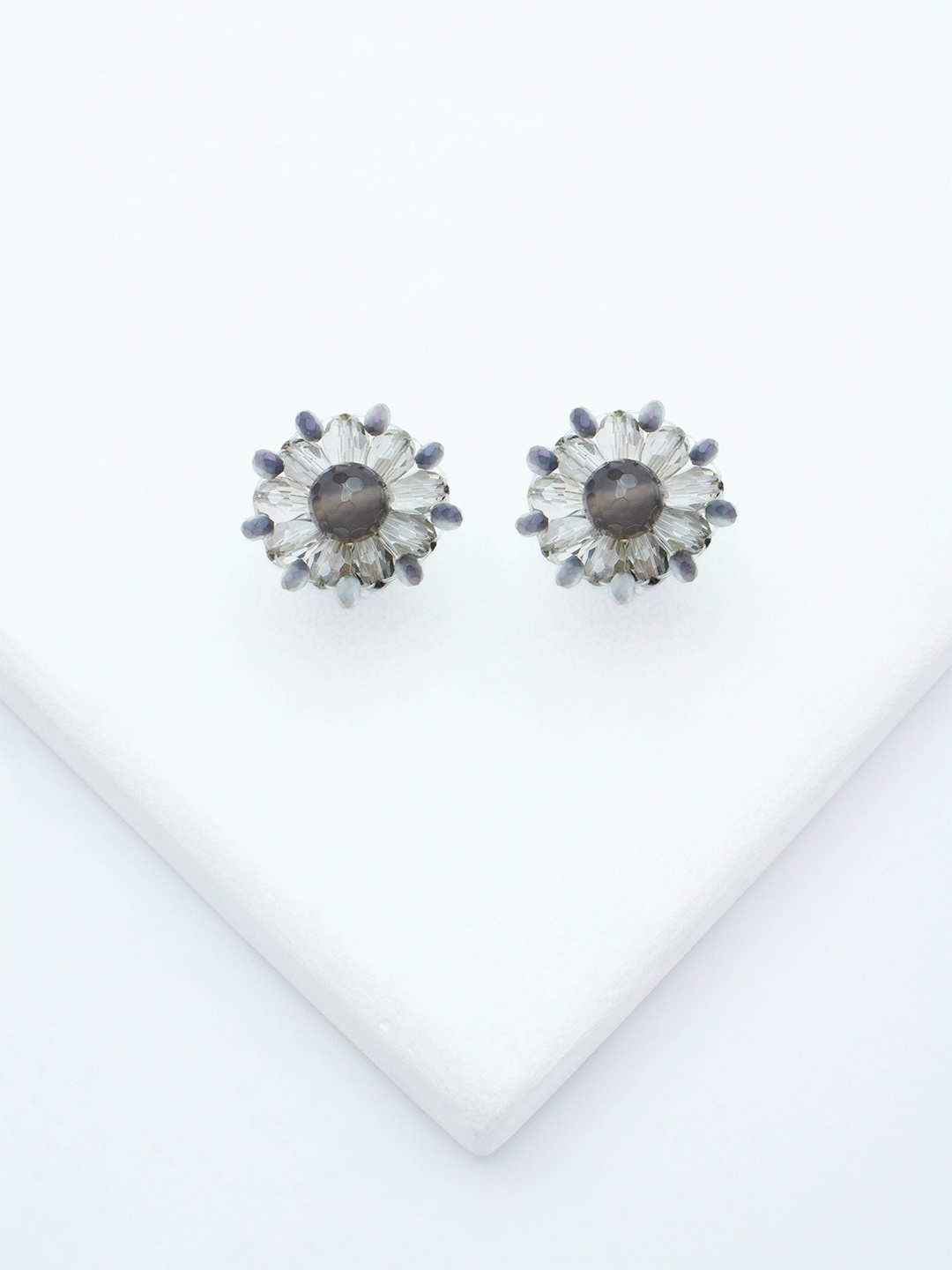 

Rhea Rhodium-Plated Crystal Studded Floral Studs Earrings, Silver